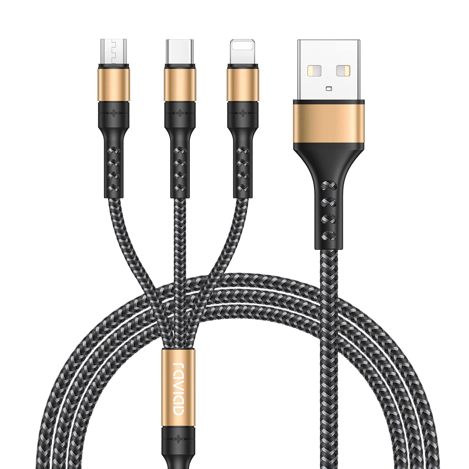 RAVIAD 3-in-1 Multi USB Charging Cable [4ft/1.2M] - Nylon Braided Universal Cable with Micro USB, Type C & Lightning Connectors for iPhone 15/14/13, Samsung Galaxy S23/S22, Huawei, Honor, OnePlus - Gold | Perfect for Home, Office & Travel Charging