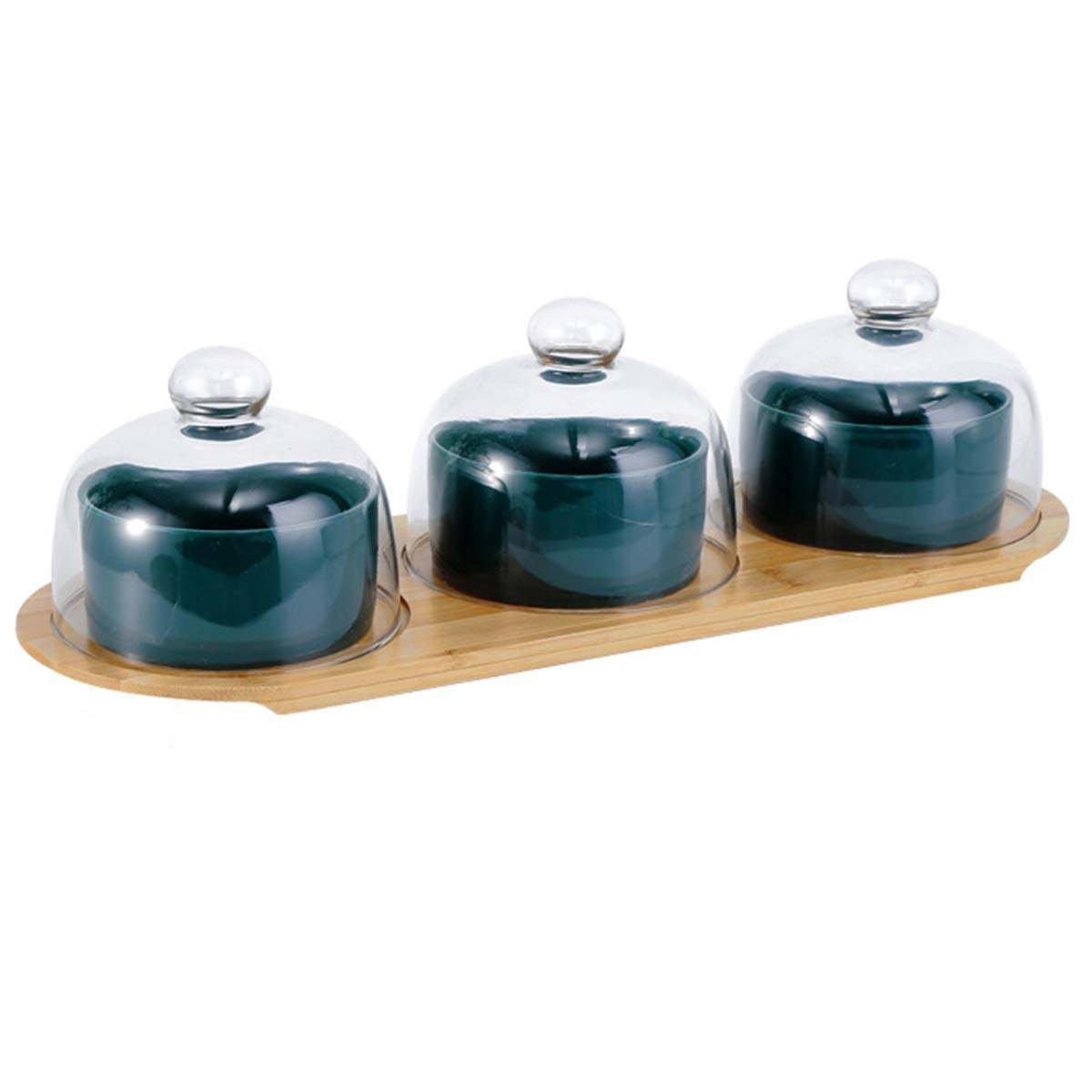 Premium Ceramic Fruit Bowl Set - 3 Piece Large Bamboo Wooden Salad Serving Bowls for Coffee Table, Dessert & Snacks - Elegant Dark Green Kitchen & Dining Decor for Home Entertaining