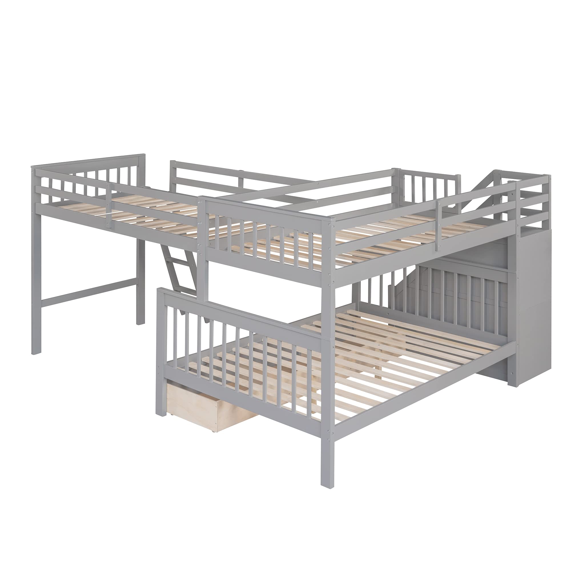 L Shaped Triple Bunk Bed with Stairs - Twin Over Full Bunk Bed with Loft & 3 Storage Drawers - Solid Wood Bunk Bed Frame for Kids, Teens, Boys & Girls (Gray) - Perfect for Small Rooms, Shared Kids' Bedrooms & Vacation Homes