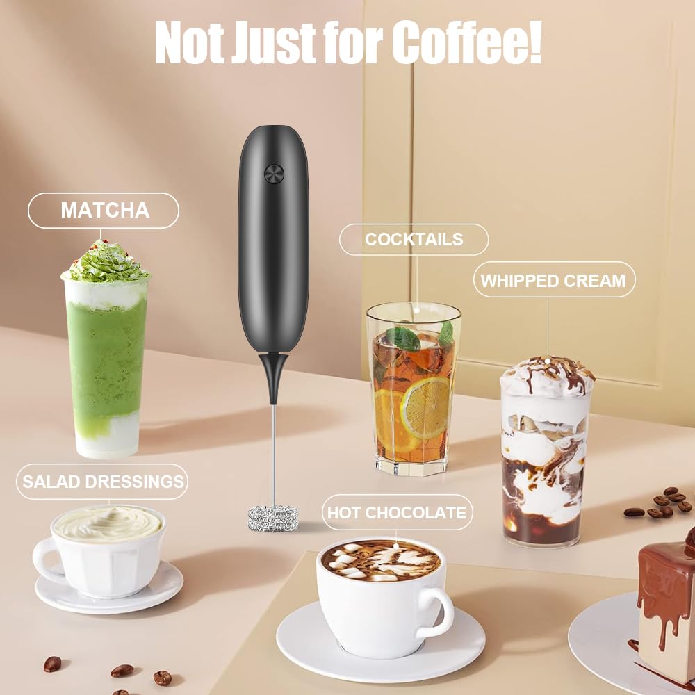 Electric Milk Frother Handheld - Battery Powered Drink Mixer & Foamer for Coffee, Latte, Cappuccino, Hot Chocolate - Portable Mini Whisk for Home, Office, Travel - Black