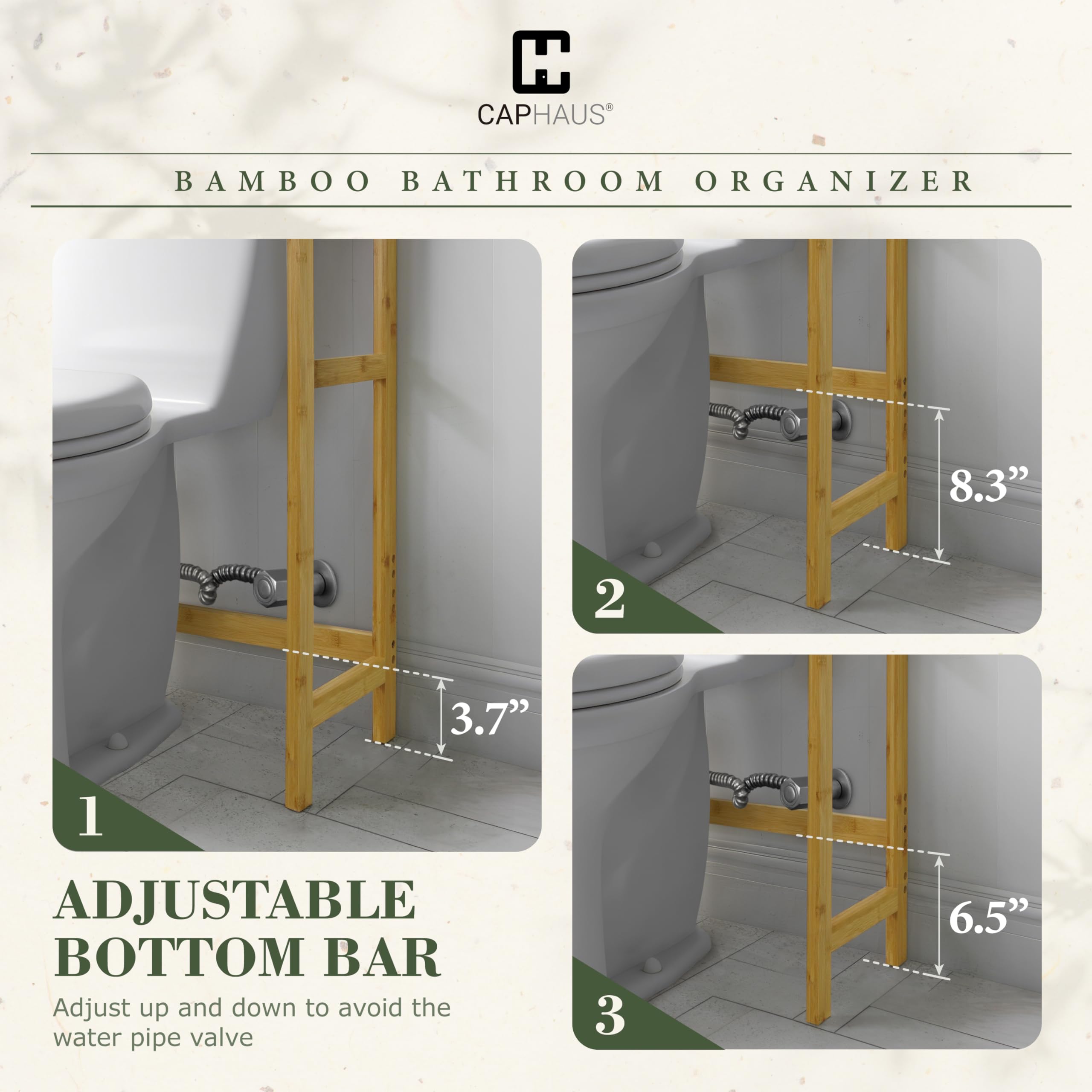 CAPHAUS 24-Inch Bamboo Over The Toilet Storage Shelf with Hooks & Adjustable Feet - Freestanding Bathroom Organizer Rack for Toilet Paper, Towels & Laundry - Perfect for Small Bathrooms, Balcony Plant Display & Home Decor