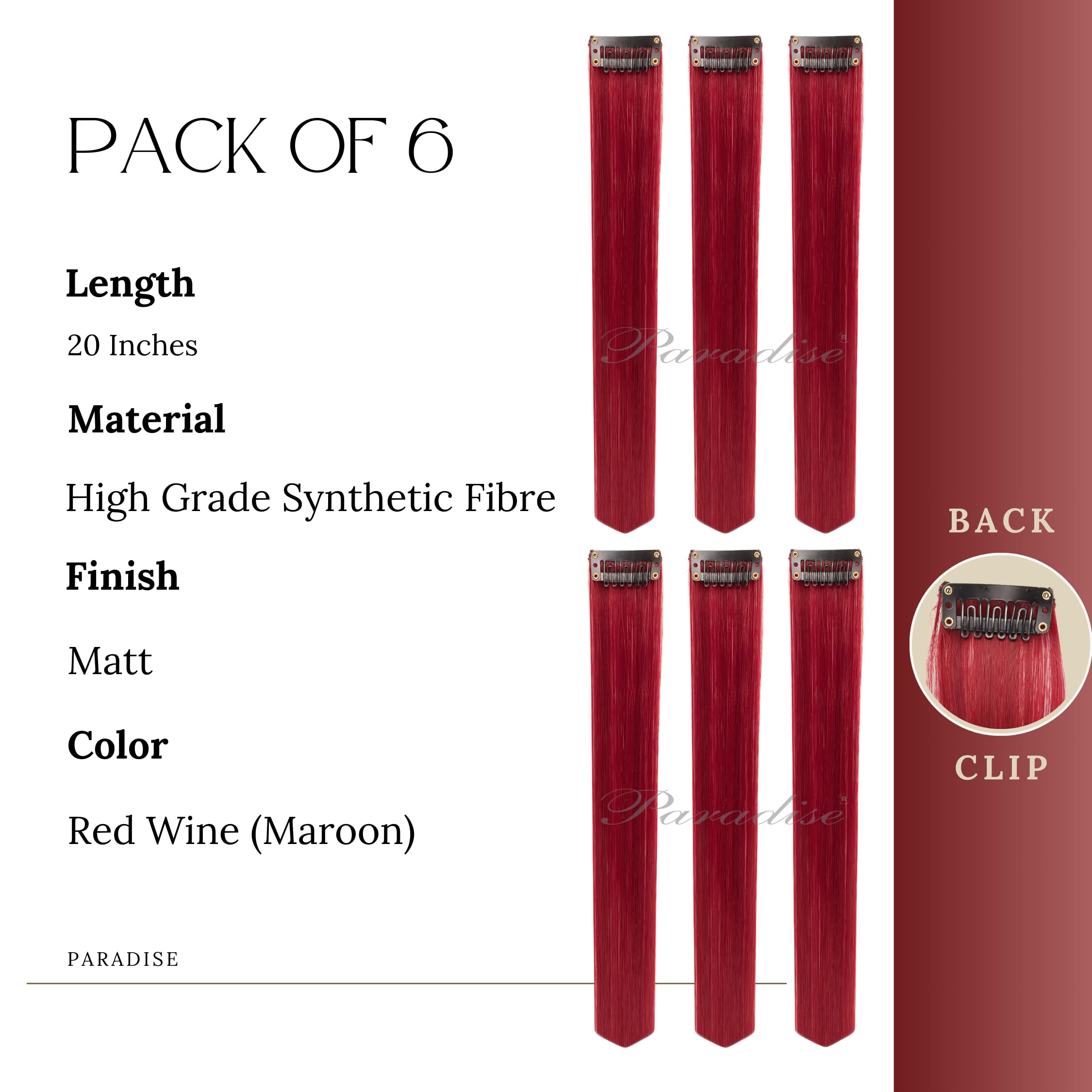 Paradise® Maroon Hair Extensions 22 Inches - 6 Pack Clip-in Straight Synthetic Hair Extensions for Women & Girls | Perfect for Parties, Cosplay & Fashion Styling