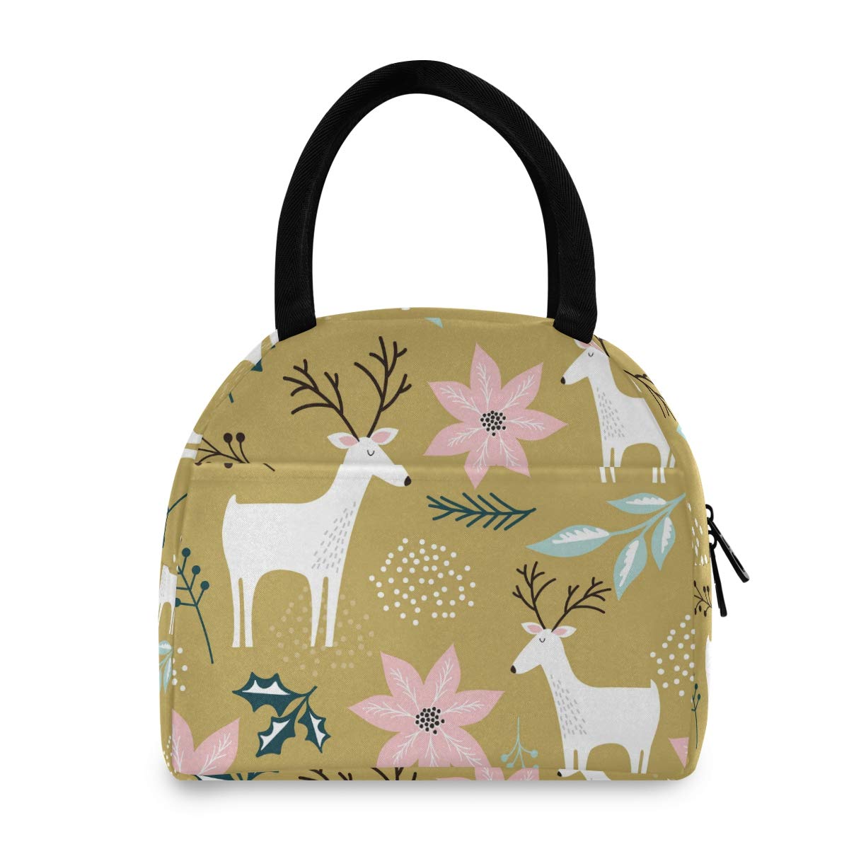 Insulated Reusable Christmas Lunch Bag for Women - Floral Reindeer Design Tote Cooler Bag for School, Office, Picnic & Kids | Perfect for Holiday Meals, Work Lunches & Outdoor Activities