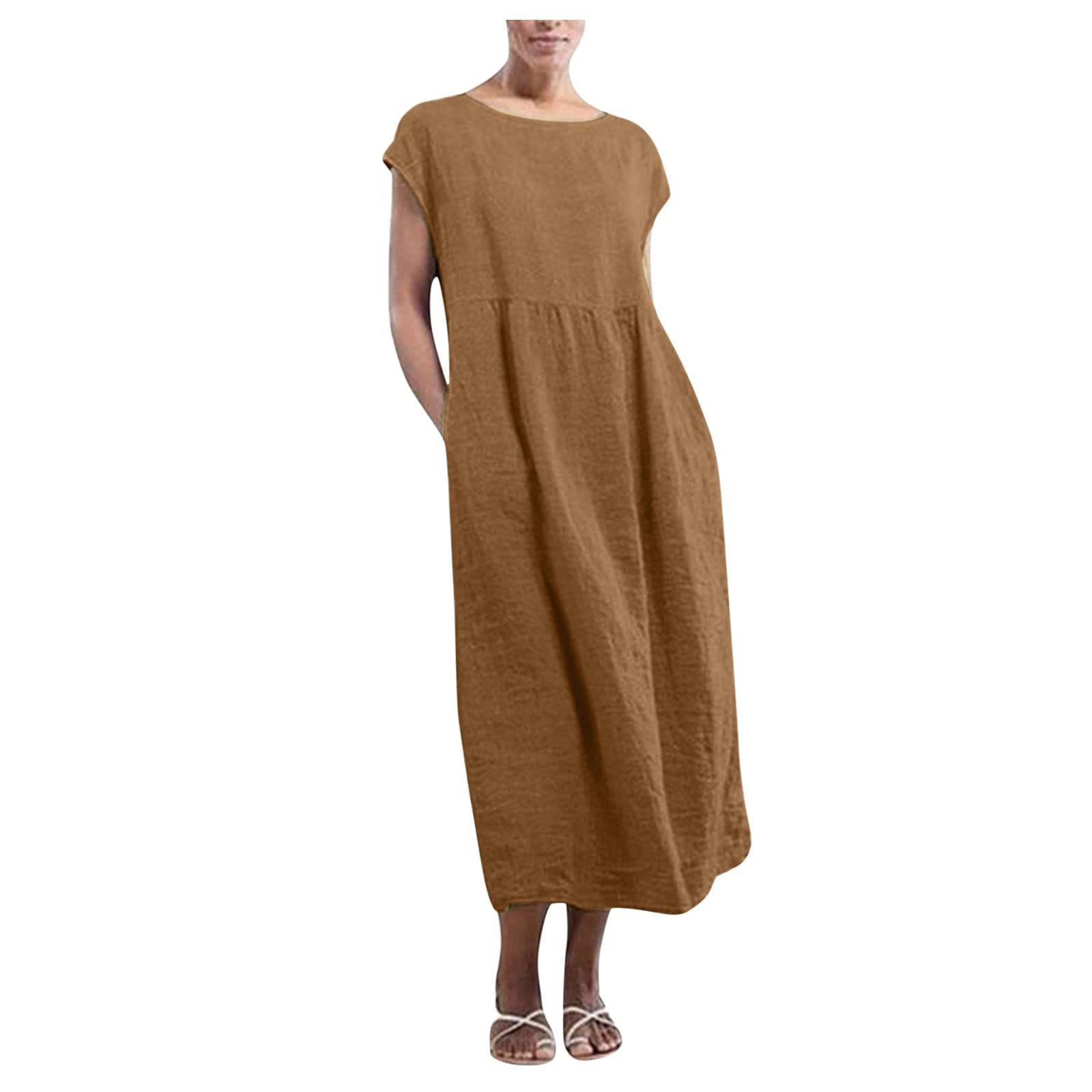 Stylish Women's Casual Cotton Solid Color Dress with Pockets - O-Neck Flowy Wedding Guest Dress for Women | Perfect for Parties, Weddings & Everyday Wear