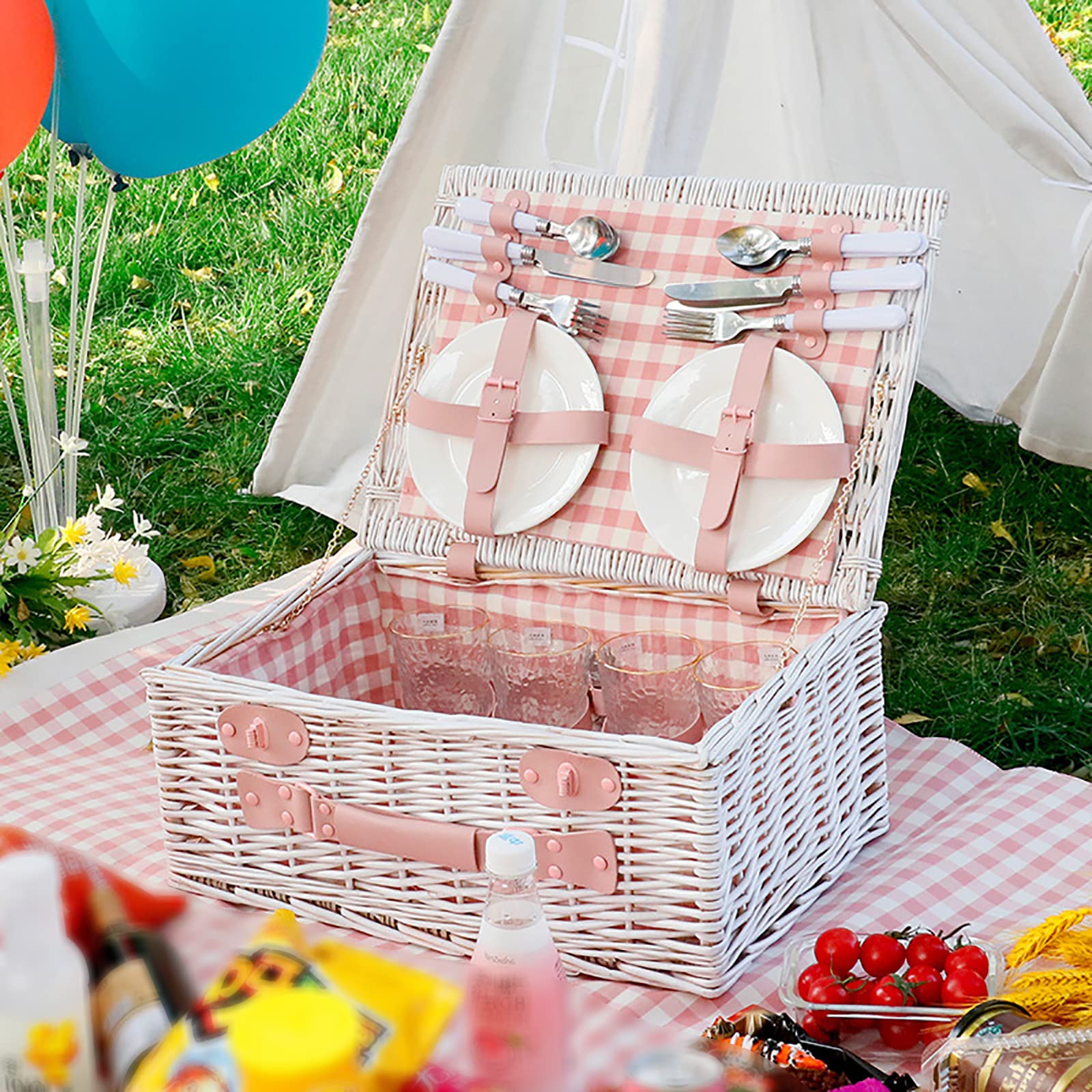 Premium Natural Wicker Picnic Basket for 2-4 People - Insulated Picnic Hamper with Cutlery Set & Lid - Portable Woven Outdoor Picnic Set for Beach, Park, Camping & Romantic Dates