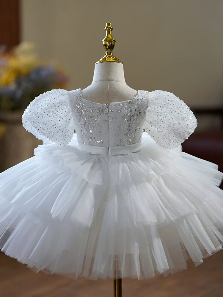 Princess Scoop Neck Tea Length Tulle Flower Girl Dress - White Bridesmaid Dress for Weddings, Flower Girls, and Special Occasions