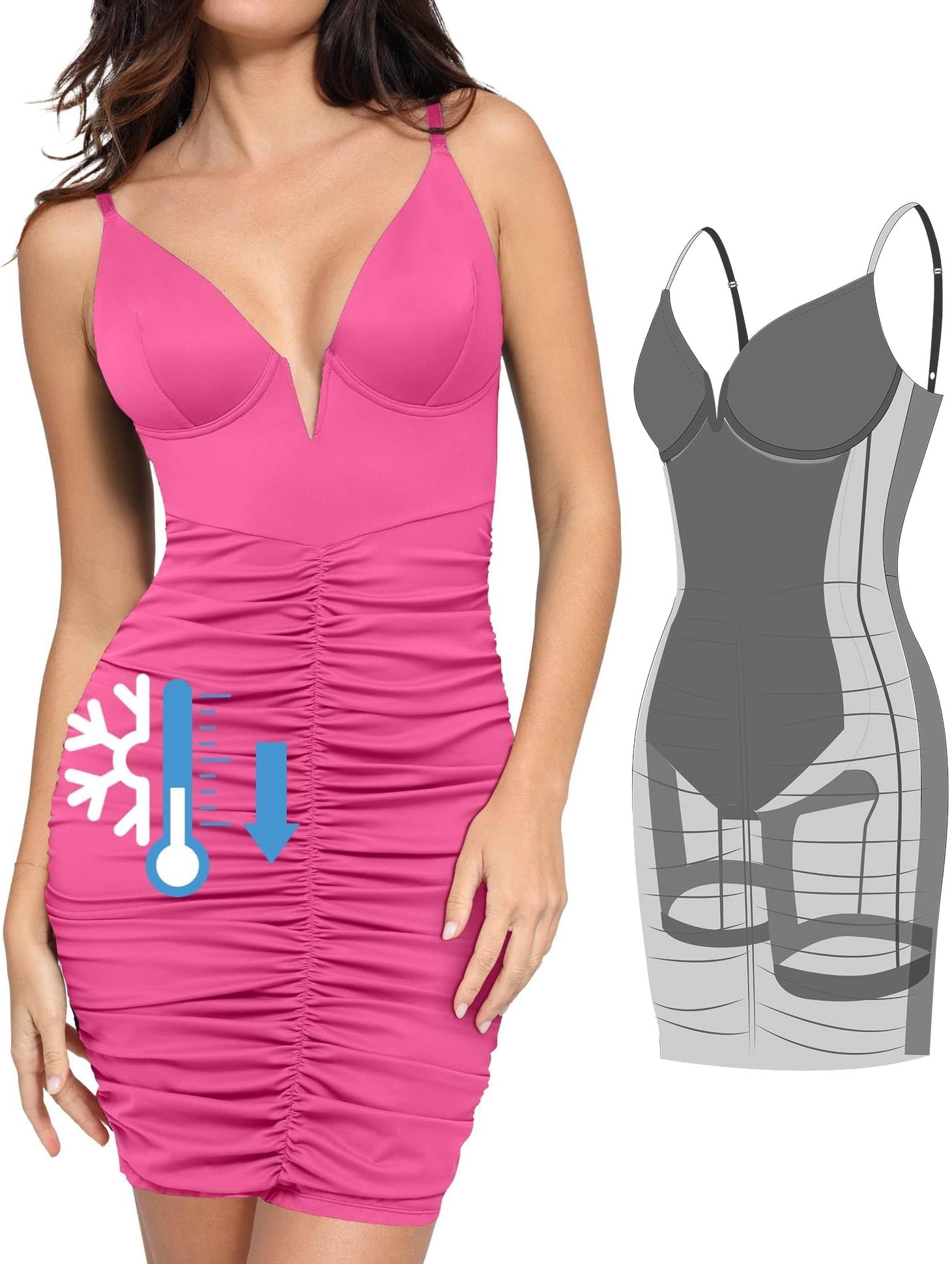 Popilush Corset Midi Dress for Women - Deep V-Neck Adjustable Strap Ruched Bodycon Dress with Tummy Control Built-in Shapewear | Perfect for Summer Parties, Date Nights & Formal Occasions
