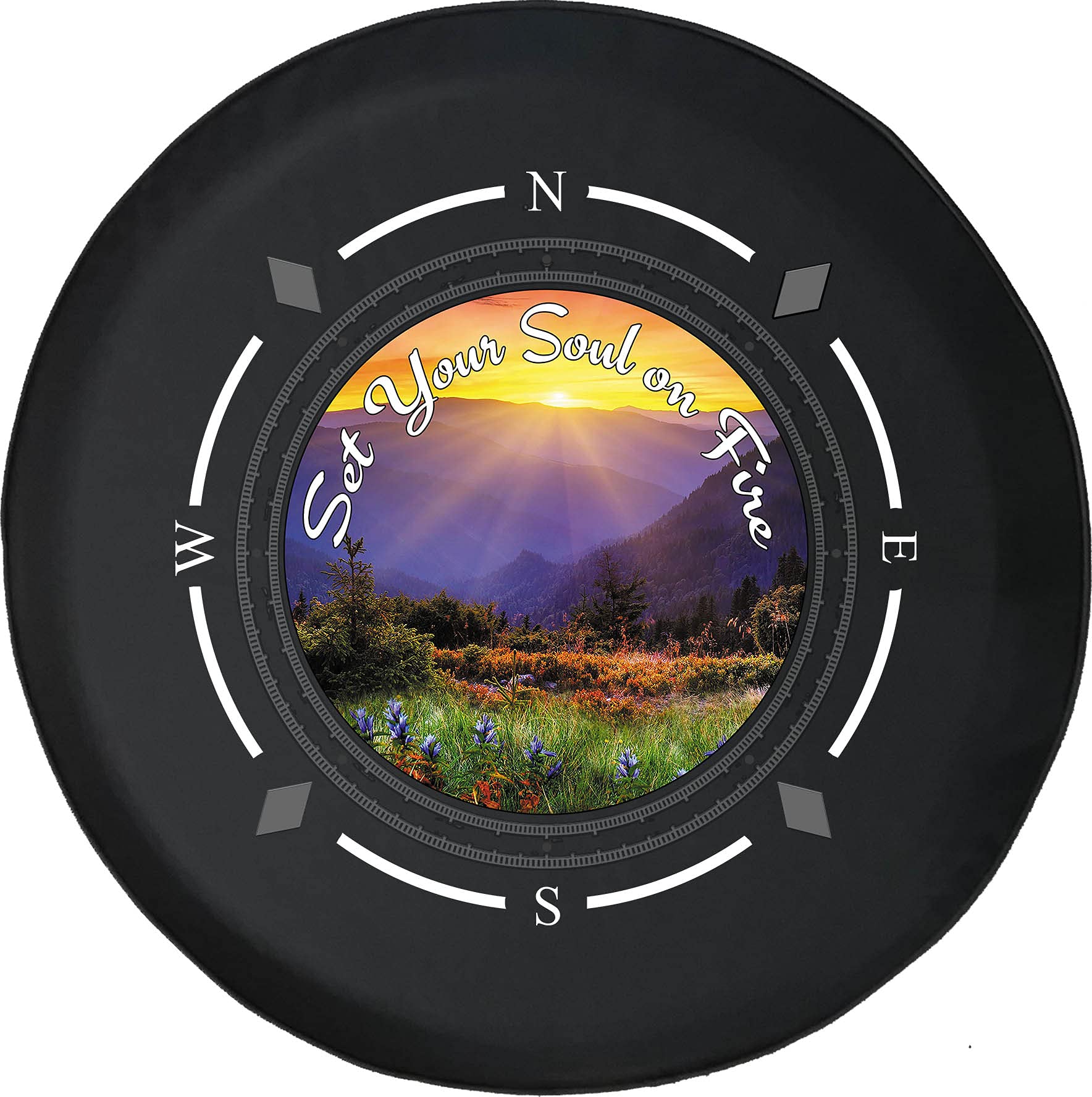 American Unlimited Spare Tire Cover with Compass & Sunrise Design - Durable SUV, Trailer, RV Wheel Cover for Mountain & Road Trips | Perfect for Off-Road Adventures & Camping Accessories