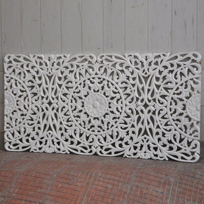 Handcrafted Dynasty Carved Wooden Wall Panel Headboard - White 1.8m Queen Size Bed Frame Accent - Perfect for Master Bedroom, Guest Room & Luxury Hotel Decor