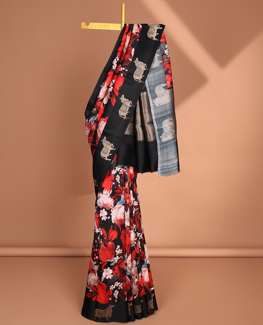 Elegant Black Floral Printed Organza Saree with Self Animal Design Border & Intricate Zari Pallu | Perfect for Weddings, Parties & Festive Occasions