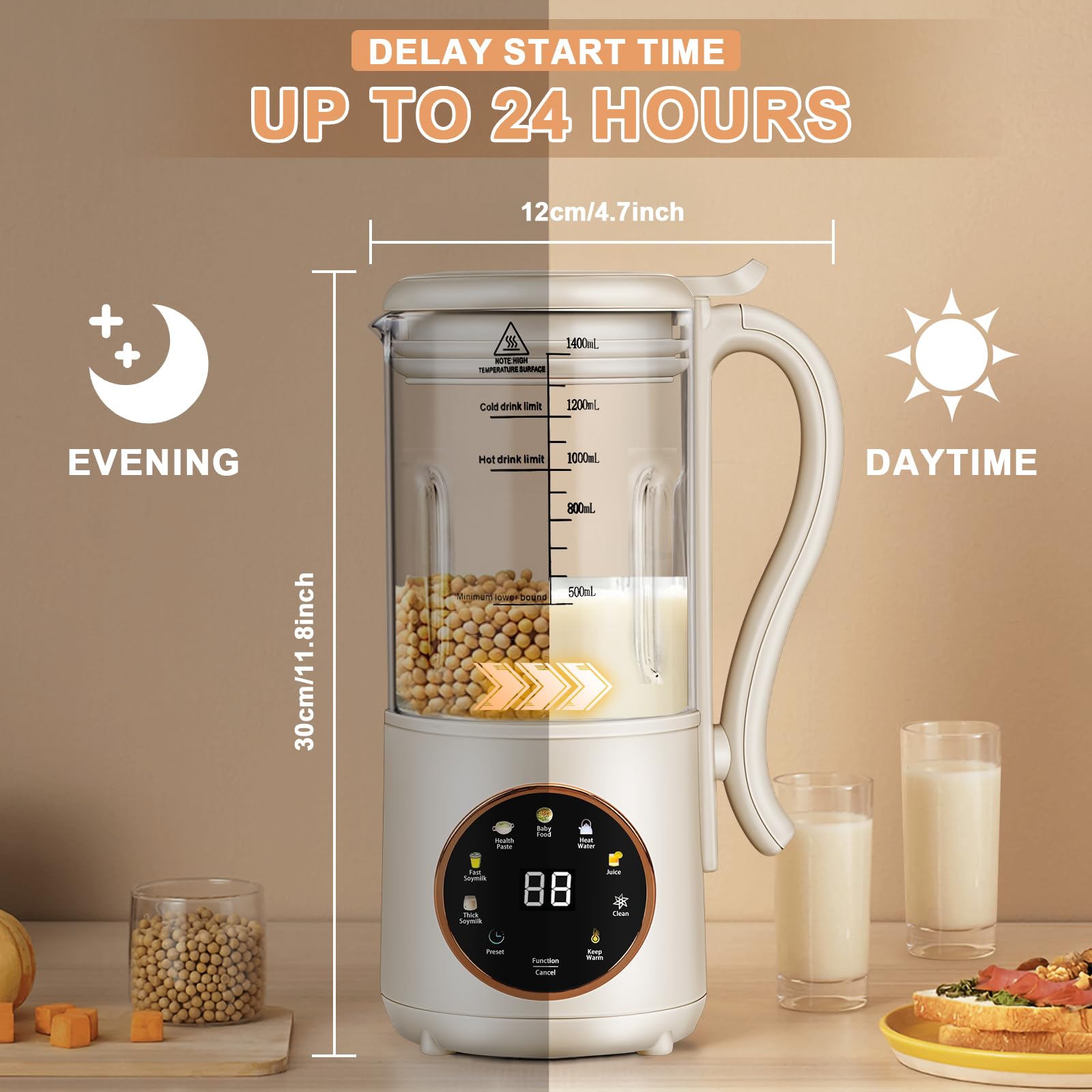 Automatic Nut Milk Maker Machine 47oz (1400ml) - Soy, Oat, Coconut, Almond & Plant-Based Milk Maker with Delay Start, Keep Warm & Boil Water - Perfect for Homemade Baby Food, Vegan Drinks & Healthy Breakfasts
