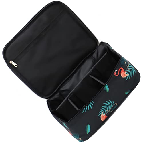 DWYNIX Large Adjustable Divider Makeup Bag - Travel Cosmetic Organizer & Portable Toiletry Wash Bag with Flamingo Design for Women & Girls (Black) | Perfect for Travel, Gym, and Daily Beauty Storage