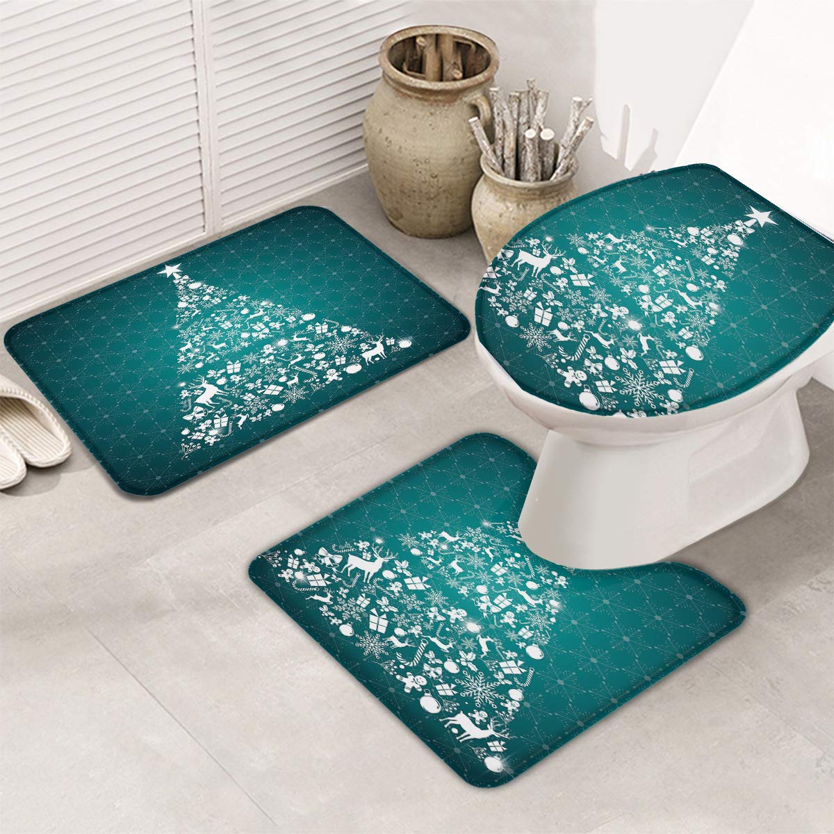 Non-Slip 3-Piece Christmas Bathroom Rug Set - Machine Washable Contour Toilet Mat & Bath Rugs for Tub, Shower (White with Green Snowflake Tree Design) - Perfect for Holiday Home Decor & Guest Bathroom Safety