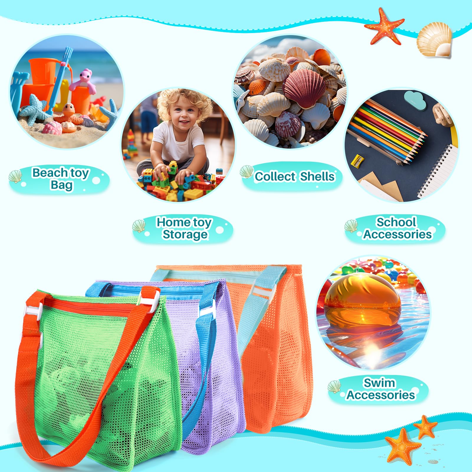 3 Pack Mesh Beach Bags for Kids - Sand Toy & Seashell Collecting Bags, Lightweight Swim Accessories for Boys & Girls (Toddler to Teen) - Perfect for Beach Trips, Pool Parties & Summer Vacations