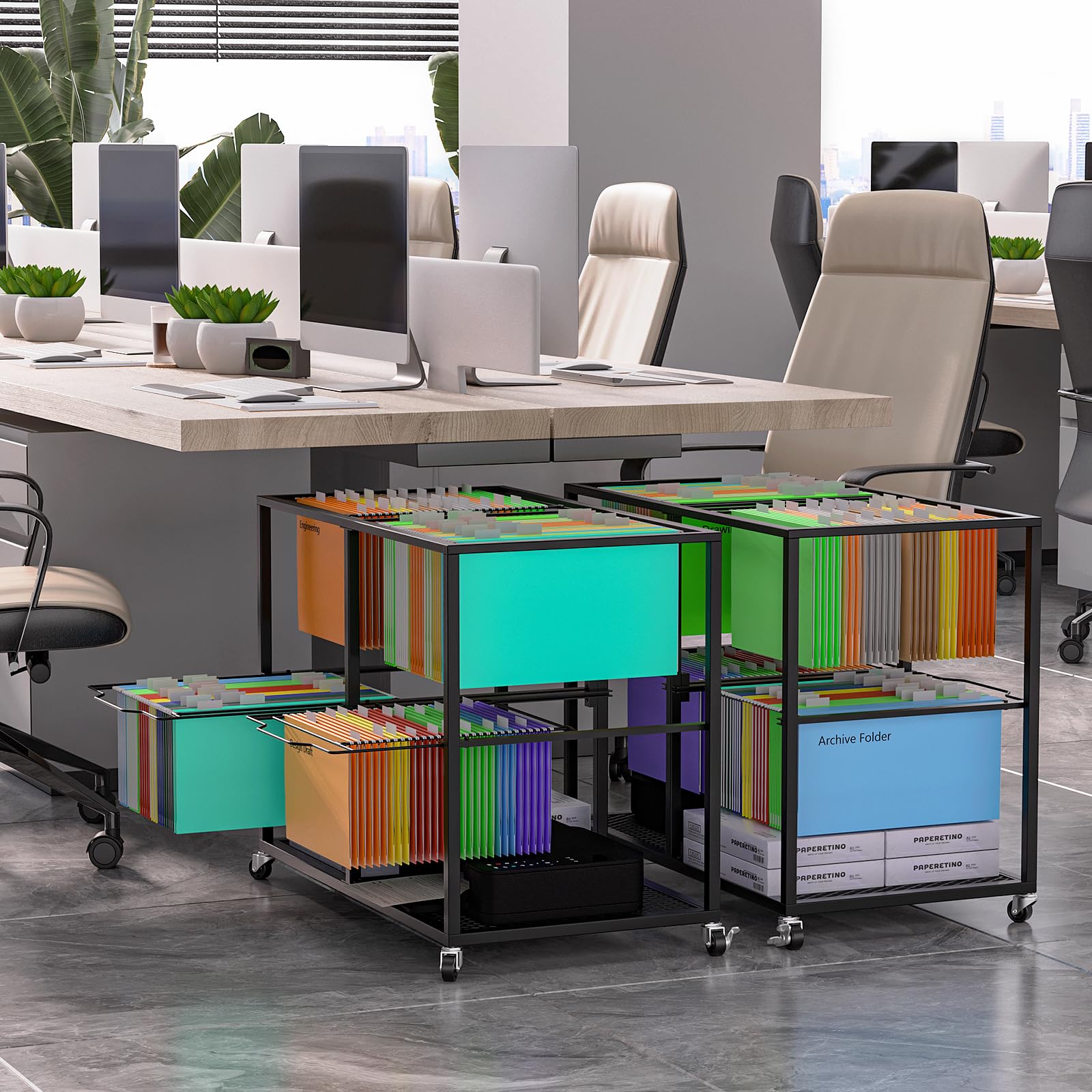 2-Tier Steel Wire File Cart with Wheels - Hanging & Pull-Out File Organizer, Movable Rolling File Cabinet for Office (33.66x18.11x25 in) - Perfect for Document Storage, Office Organization & Mobile Filing Systems