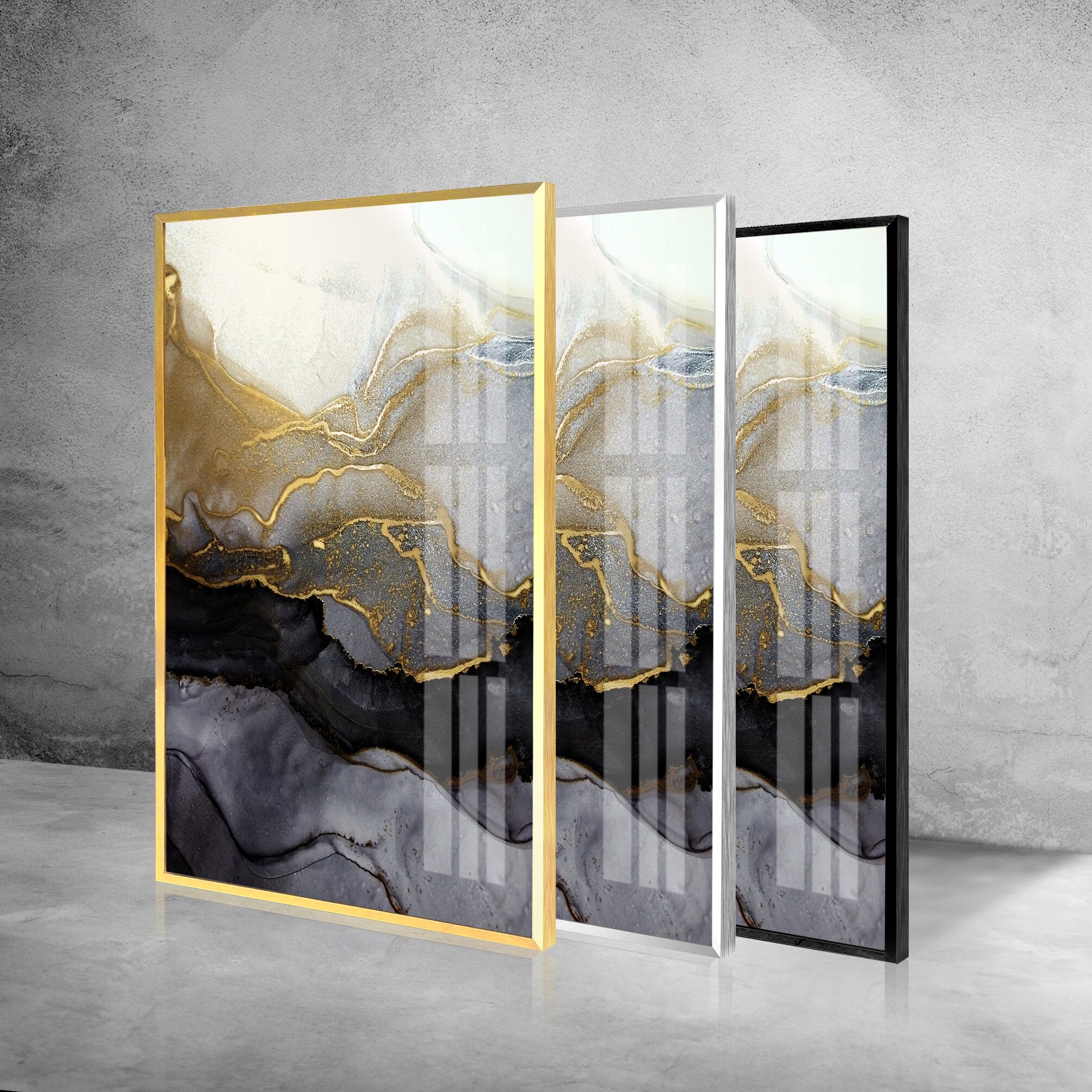 Black and Gold Alcohol Ink Glass Wall Art - Handmade Modern Abstract Decor for Living Room, Bedroom, Office