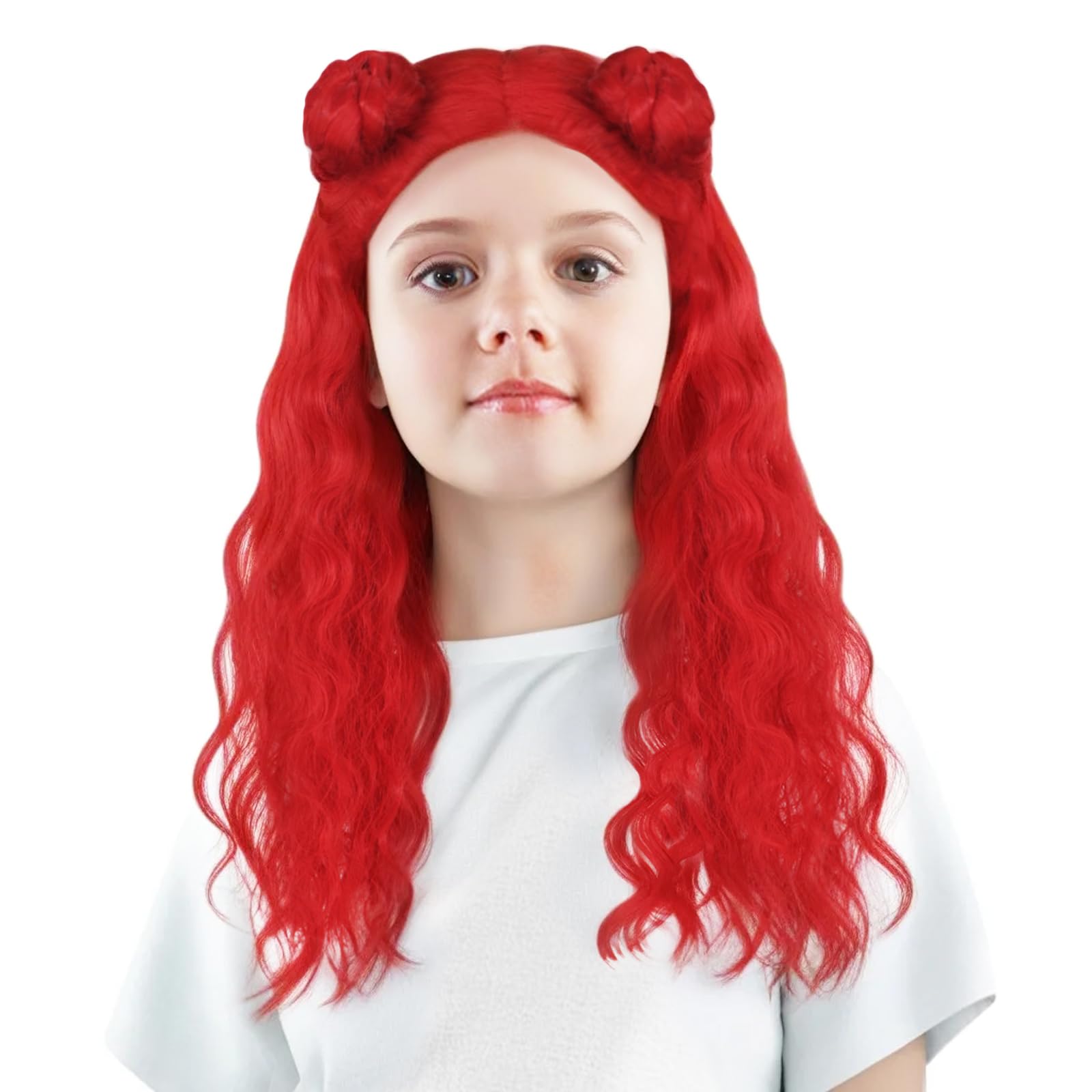 ANOGOL Long Curly Red Wig with 2 Buns - Synthetic Cosplay Hair for Women & Girls - Perfect for Halloween, Themed Parties, Costume Events & Cosplay Outfits