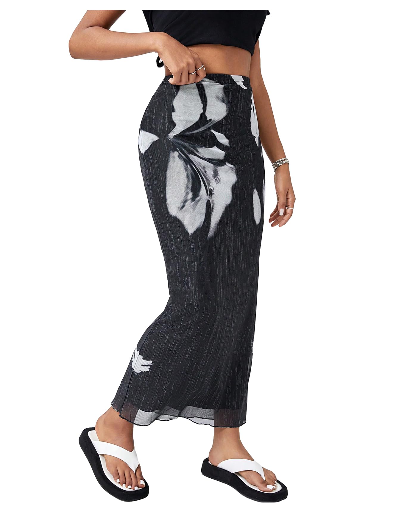 MakeMeChic Women's Y2K High Waist Graphic Print Mesh Pencil Maxi Skirt - Trendy Long Skirt for Party, Club, Date Night & Casual Outfits