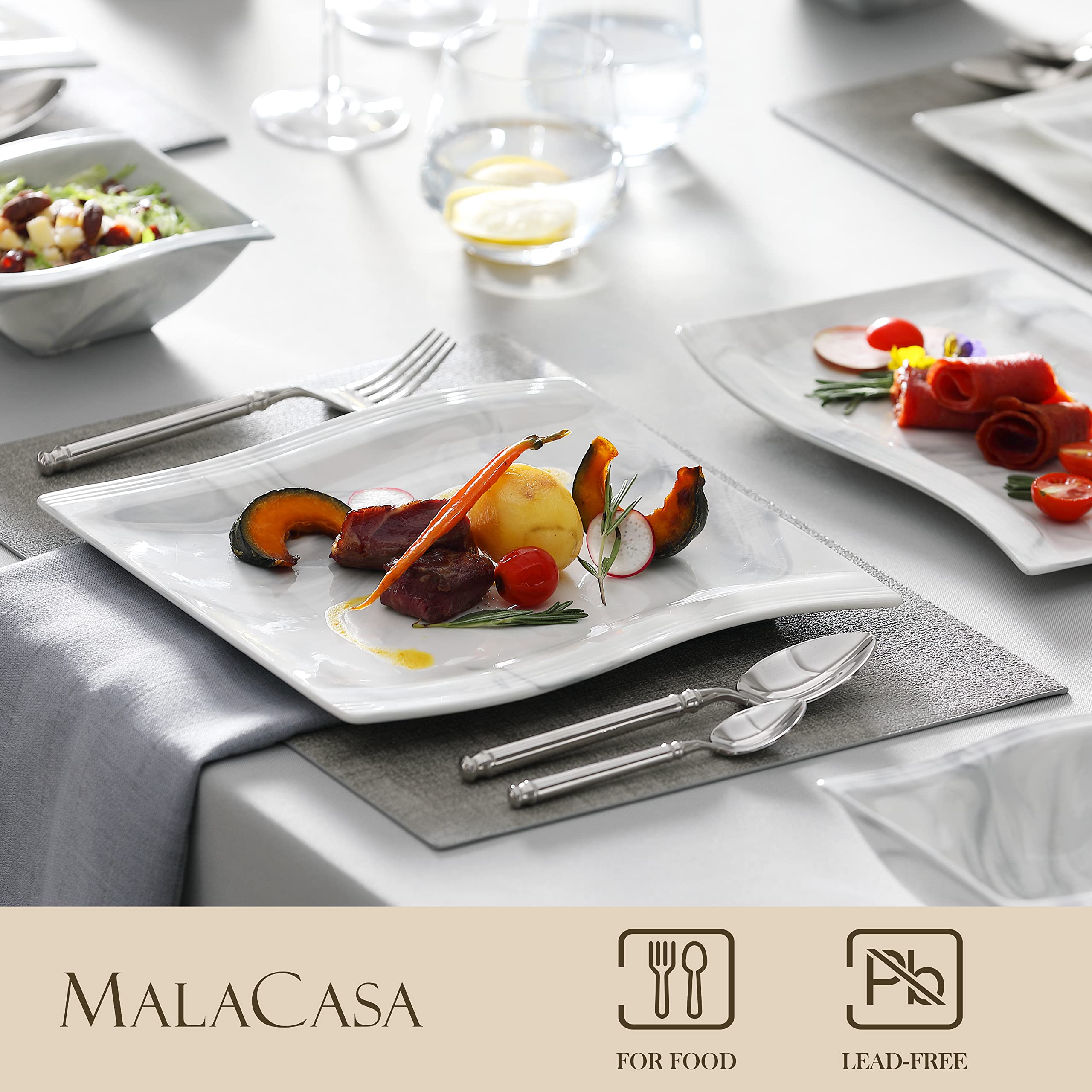 MALACASA 60-Piece Modern Porcelain Dinnerware Set for 12 - Marble Design Plates, Bowls, Cups & Saucers - Square Floral Dinnerware Set for Formal Dining, Wedding, Restaurant & Home Entertaining