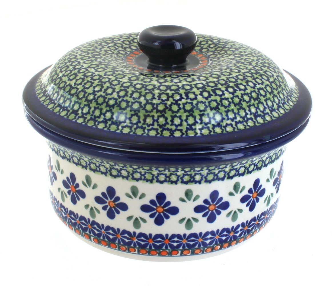 Blue Rose Polish Pottery Mosaic Flower Round Baker with Lid - Handmade Ceramic Baking Dish for Casseroles, Pies & Desserts - Perfect for Oven, Microwave & Table Serving