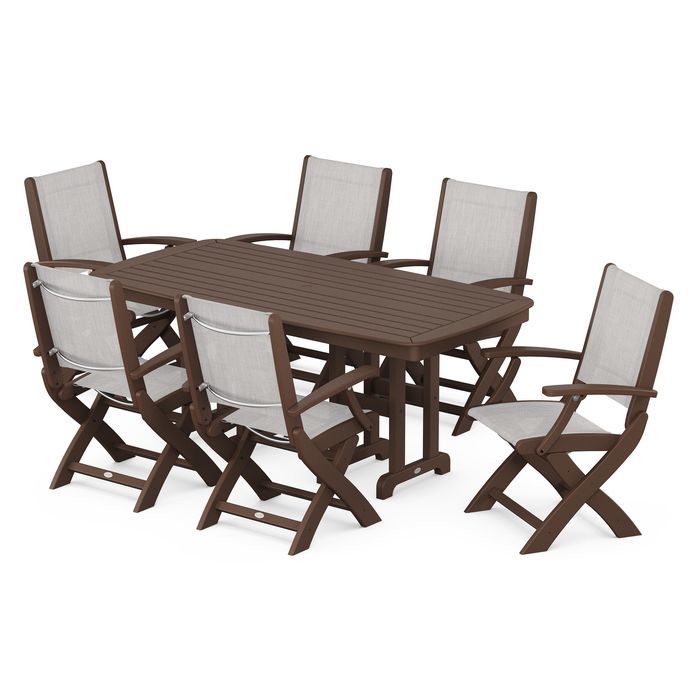 POLYWOOD Coastal Folding Arm Chair 7-Piece Outdoor Dining Set - Perfect for Patio, Deck, Poolside & Beachfront Entertaining
