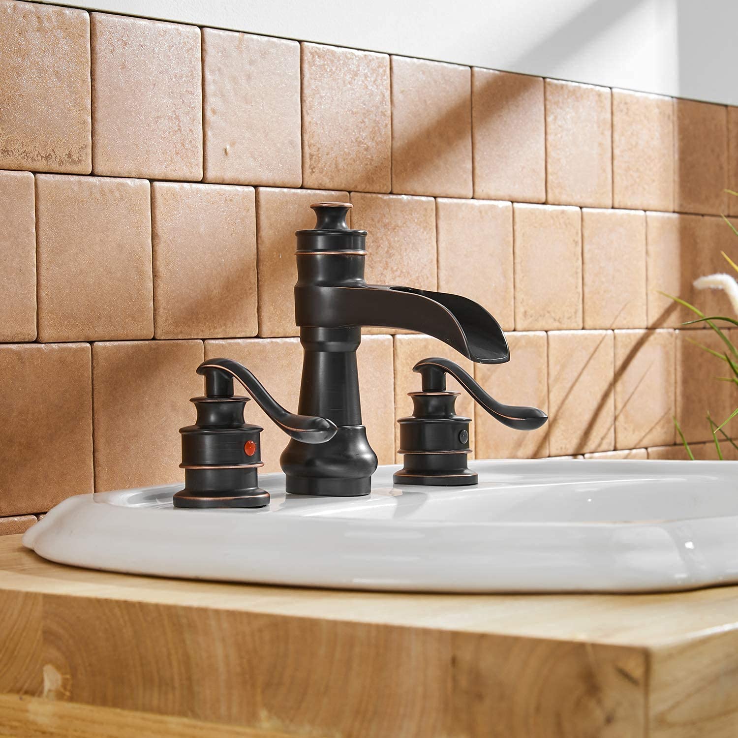 8 Inch Widespread Bathroom Sink Faucet - Oil Rubbed Bronze Two Handle Farmhouse Waterfall Design with Pop-Up Drain Stopper, Lead-Free Commercial Supply Lines - Perfect for Vanity, Guest Bath & Rustic Home Decor