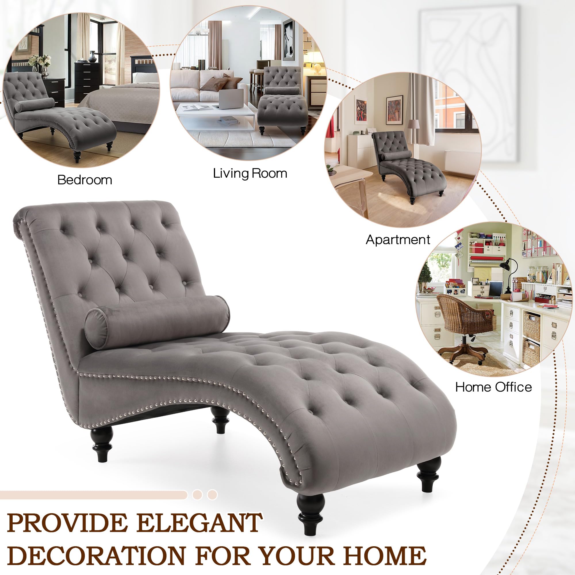 SLEERWAY Velvet Tufted Chaise Lounge Chair with Solid Wood Legs & Lumbar Pillow - Modern Upholstered Sleeper Sofa for Bedroom, Living Room, Office - Grey | Perfect for Relaxing, Reading & Small Space Decor