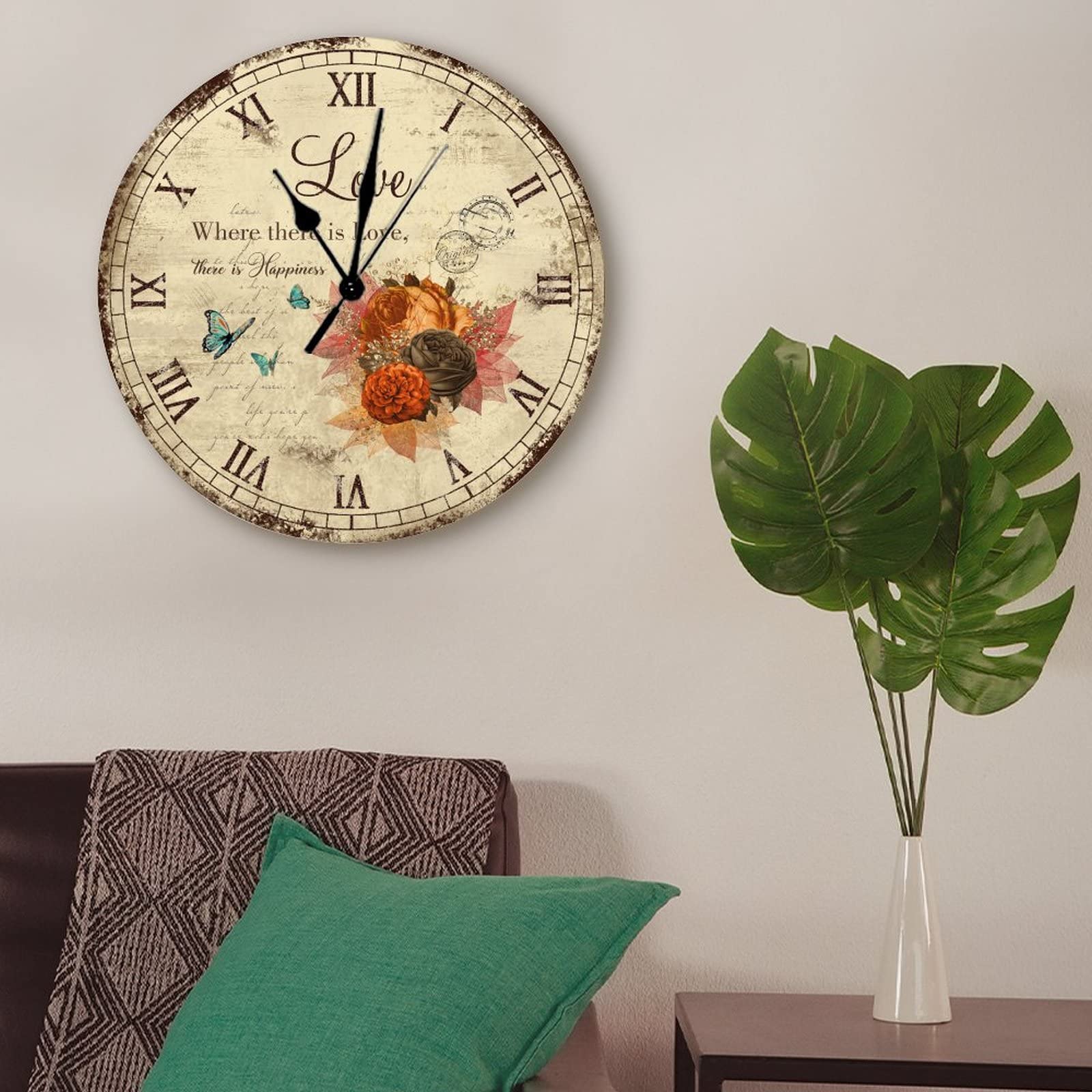 10 Inch Romantic Rose Sing for Love Wooden Wall Clock - Christian Floral Butterfly Design, Battery Operated Silent Non-Ticking - Perfect for Farmhouse, Home, Kitchen, Office, School & Bathroom Decor | Ideal for Wedding Gifts, Bedroom Accents & Living Room Wall Art