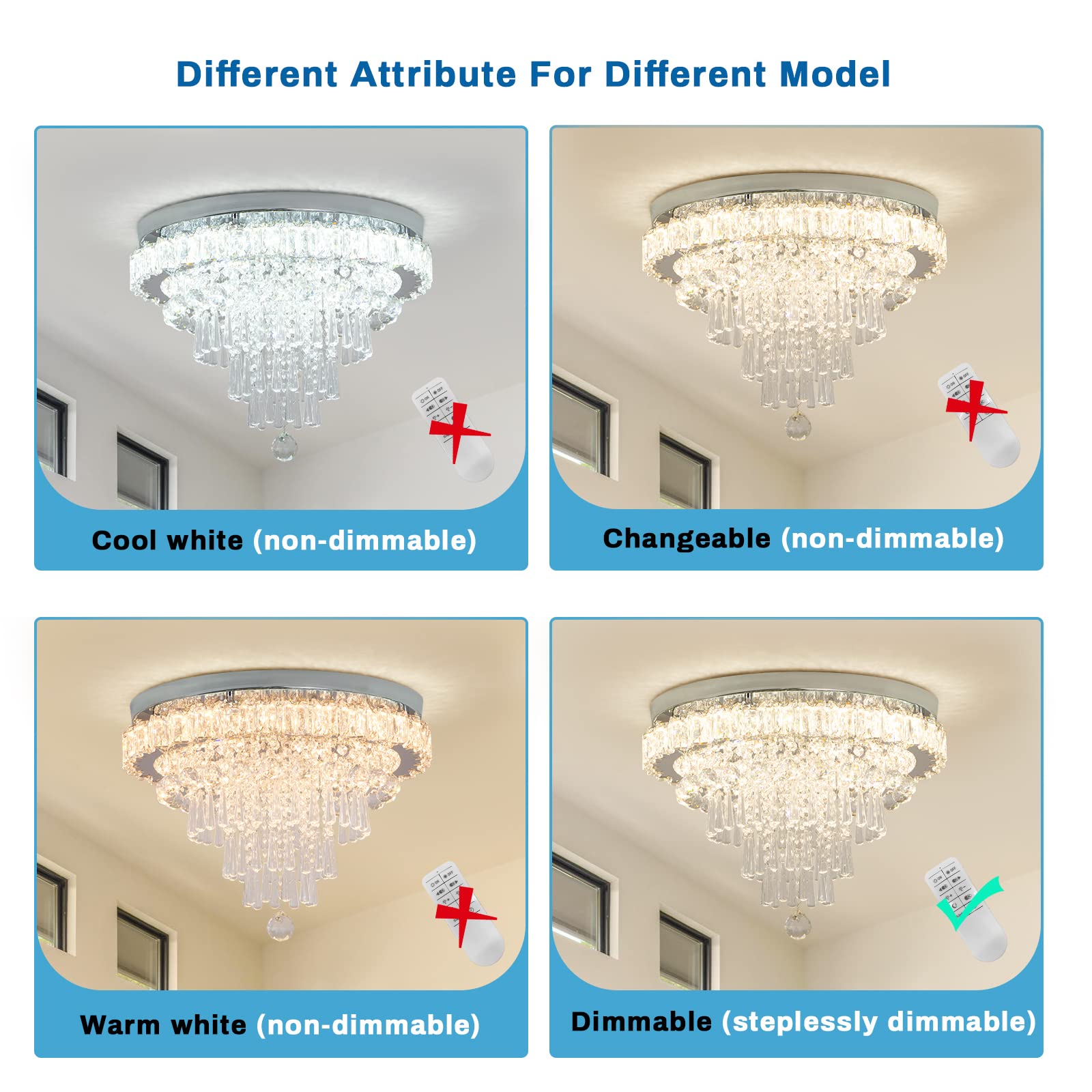 CLAIRDAI Modern Crystal Chandelier - Dimmable LED Flush Mount Ceiling Light with Remote Control & 5-Tier Crystal Drops | Perfect for Hallway, Bedroom, Dining Room, Living Room | Elegant Lighting for Home Decor & Special Occasions