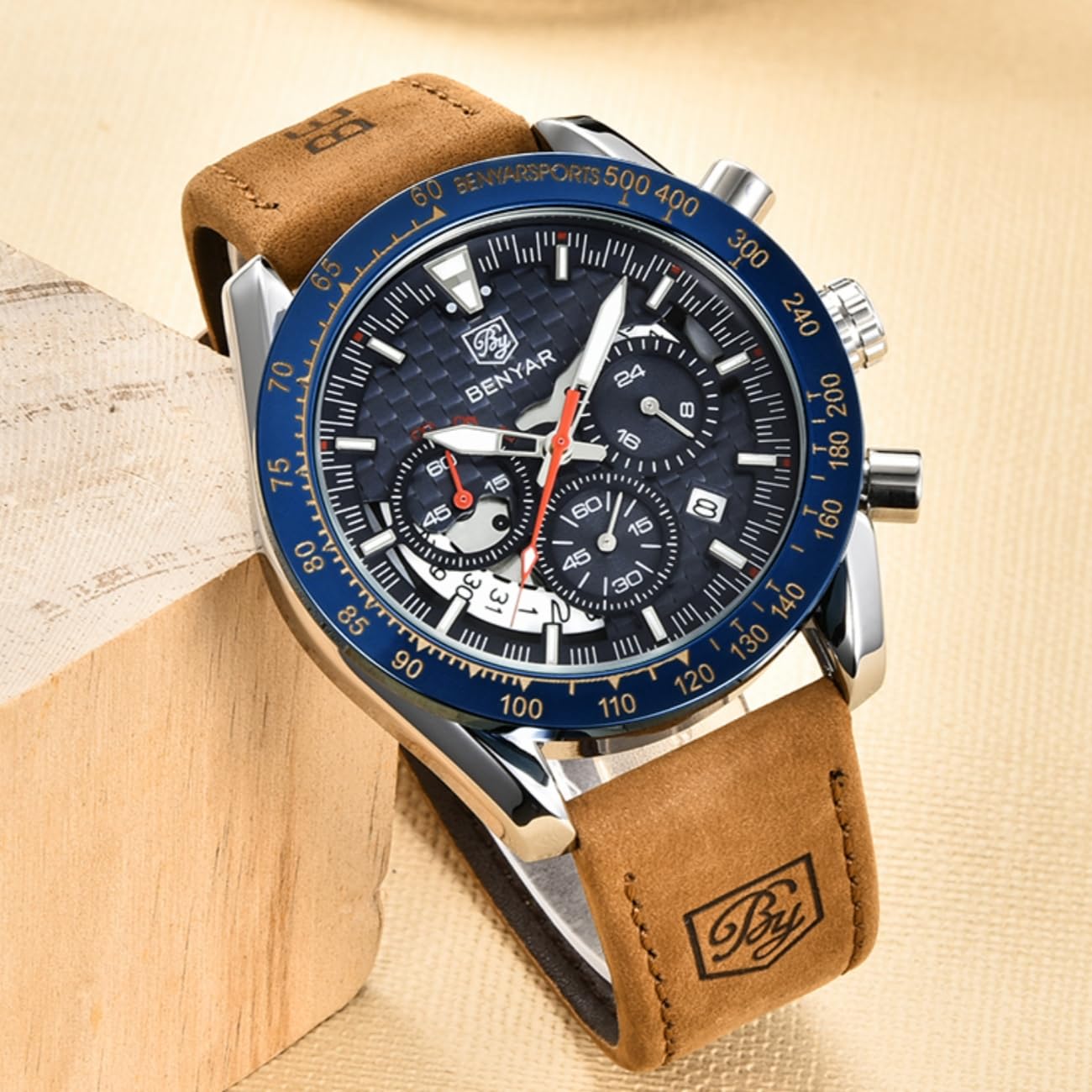 BENYAR Men's Sports Chronograph Watch - Analog Quartz, Date Display, Waterproof 3ATM, Leather Strap - Stylish Business & Casual Wristwatch for Men | Perfect for Office, Daily Wear & Outdoor Activities