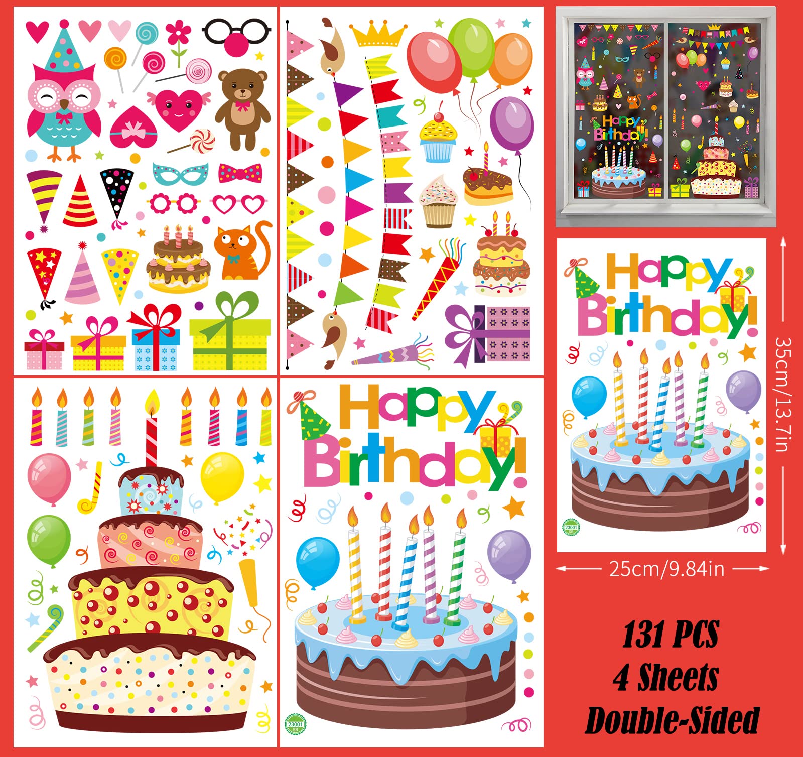 131Pcs Happy Birthday Window Clings - Birthday Party Decorations Stickers Set with Letters, Cake, Balloons & Banner - Unique 2024 Window Decals for Birthday Celebrations, Home & Office Party Decor