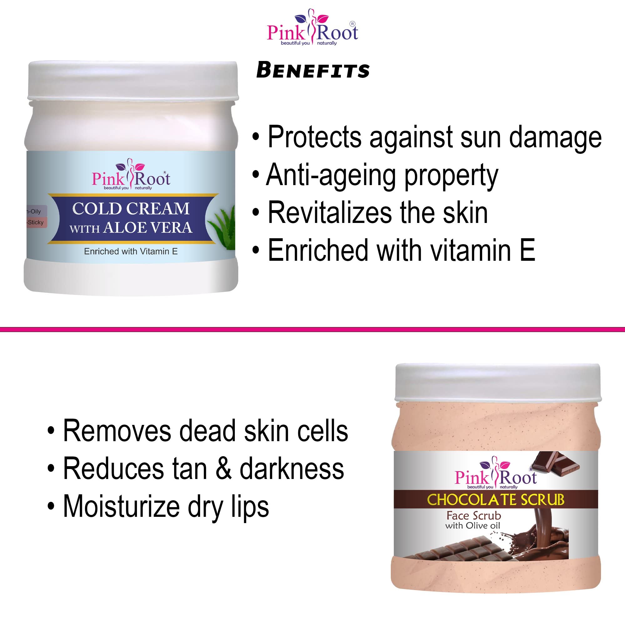 Pink Root Aloe Vera Cold Cream & Chocolate Scrub Set - 500ml Each | Hydrating Moisturizer & Exfoliating Body Scrub for Dry Skin | Spa Day & At-Home Skincare Routine