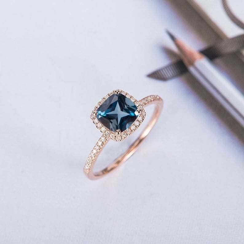 1.5ct Cushion Cut London Blue Topaz Engagement Ring for Women - Halo Rose Gold Plated Wedding Band, Anniversary Gift, Promise Ring - Perfect for Proposals, Bridal Jewelry & Special Occasions