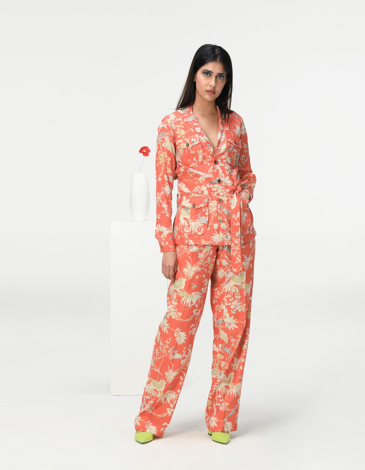 Single Pleated Trousers for Women - Cotton Silk Blend Checkered Coral Pants | Office Wear & Casual Outfits