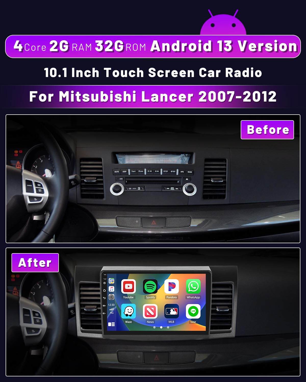 2+64GB Hikity Android 13 Car Stereo for Mitsubishi Lancer 2008-2017 - 10.1
