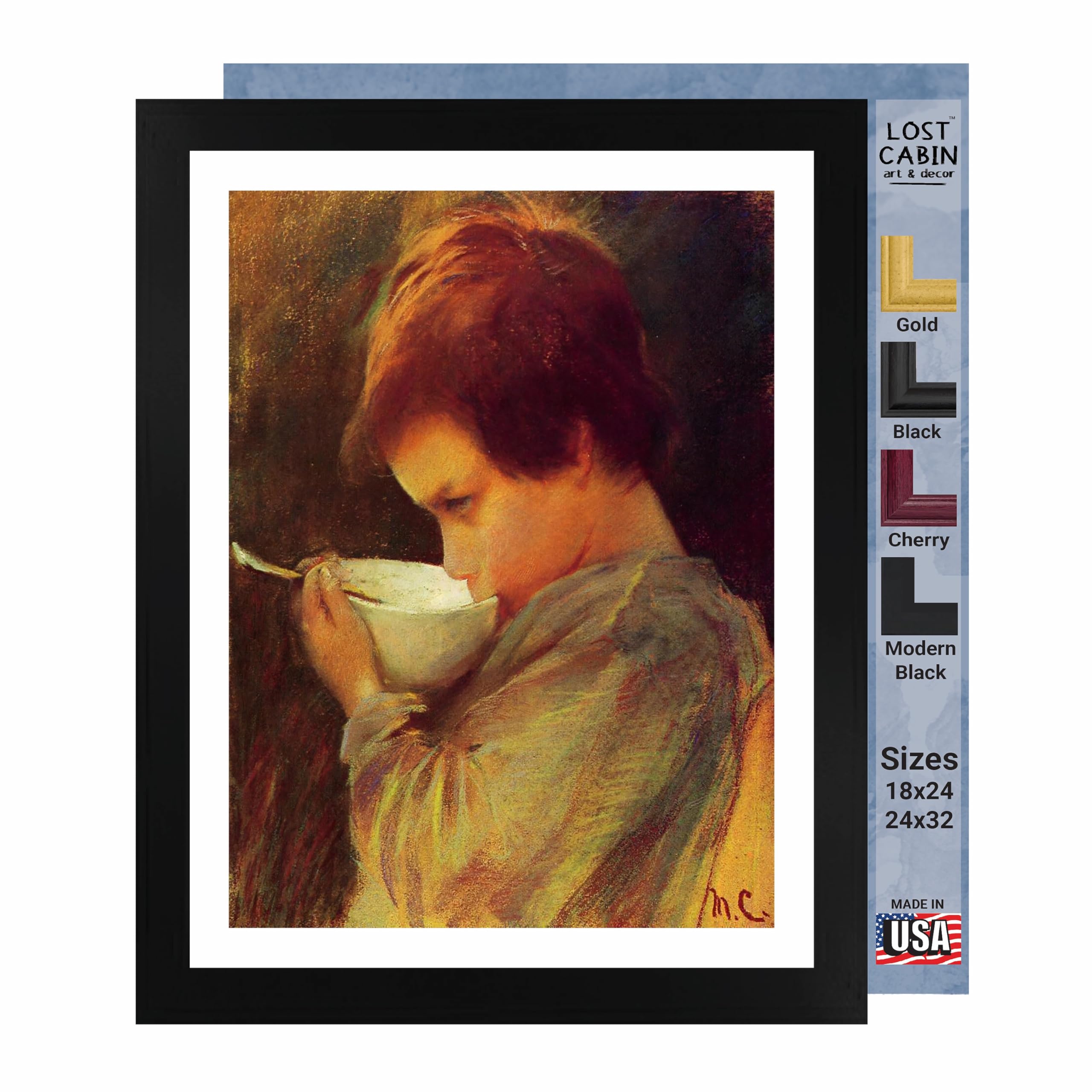 Mary Cassatt Lost Cabin Child Drinking Milk Art Reproduction - 14x20 Matted Print in Black Flat Frame (20.5x26.5) - Fine Art Painting for Nursery, Living Room & Office Wall Decor - Perfect Gift for Art Lovers & Mothers