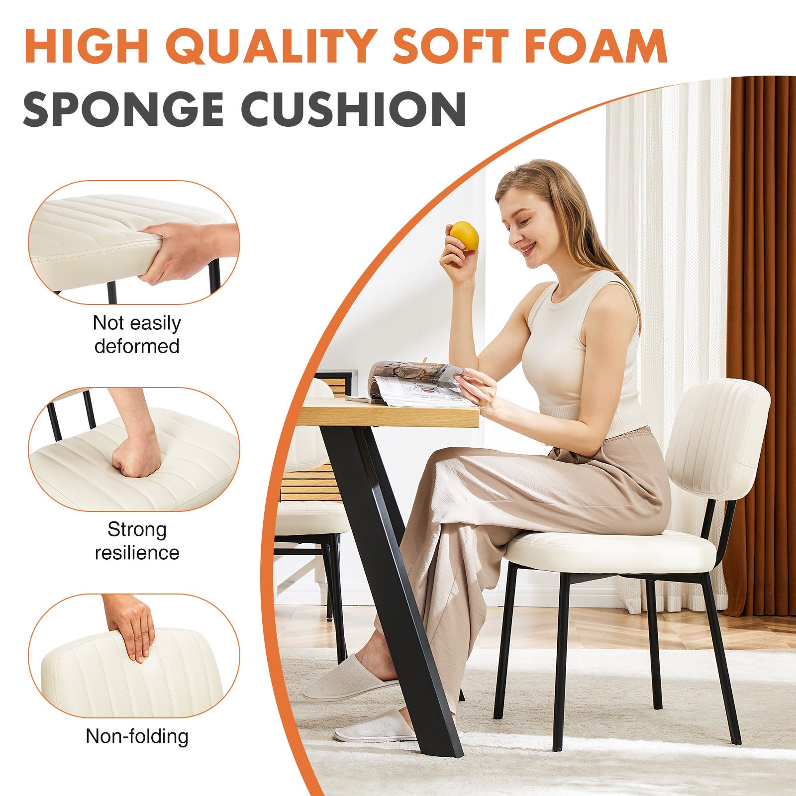 Mid Century Modern Upholstered Dining Chairs - Set of 2 White Faux Leather Cushion Seats with Metal Legs for Kitchen, Dining Room & Living Room | Perfect for Home Decor, Entertaining Guests & Small Space Furniture
