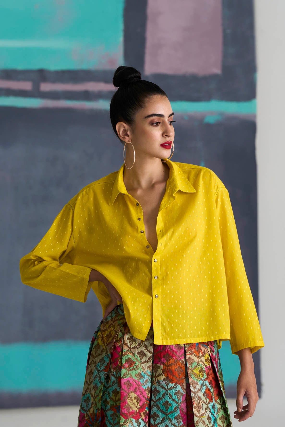 Classic Cropped Shirt for Women - 100% Cotton Dobby Fabric in Sunny Yellow - Perfect for Casual Outings, Summer Parties & Beach Vacations
