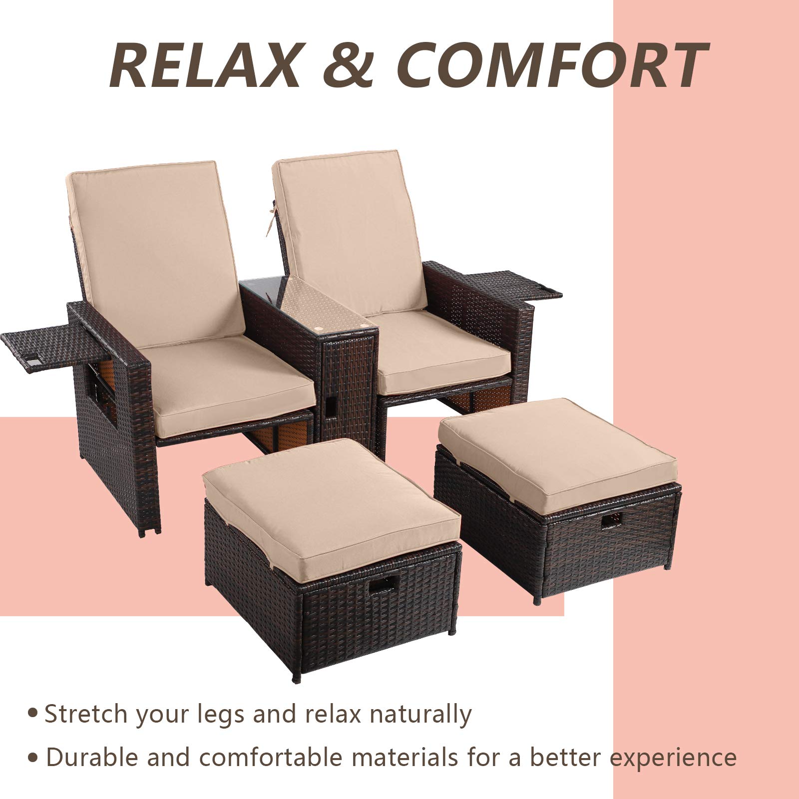 5PCS Outdoor Patio Furniture Set - Wicker Loveseat Sofa with Adjustable Backrest, Coffee Table & Ottoman - Rattan Lounge Chair for Garden, Beach, Poolside, Balcony, Backyard, Deck - Perfect for Relaxing, Entertaining & Outdoor Dining