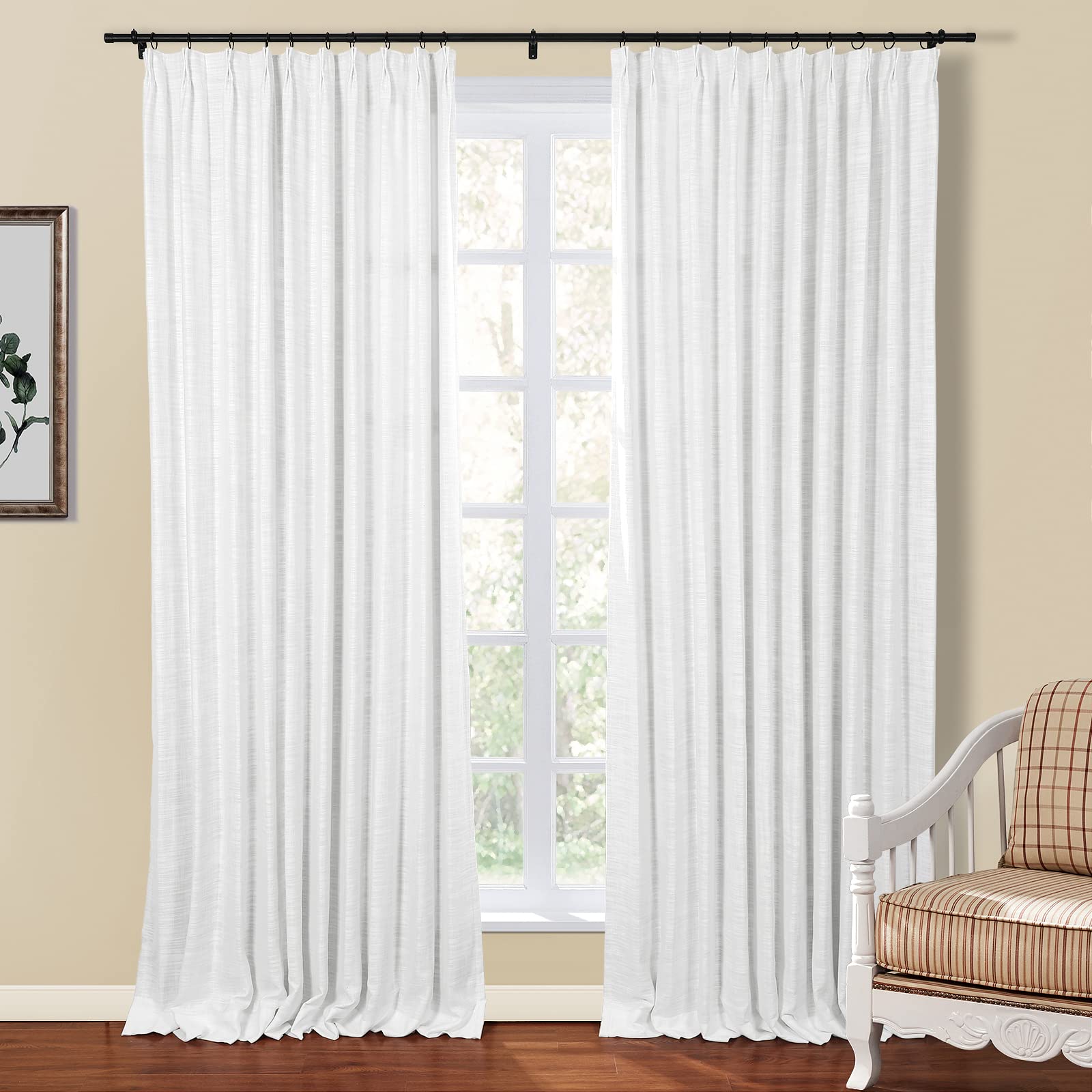 TWOPAGES Double Layer Linen Blend Light Filtering Pinch Pleat Curtains - Set of 2 (58x102 Inches) White Lightweight Window Treatment for Kitchen & Living Room | Room Darkening, Privacy & UV Protection