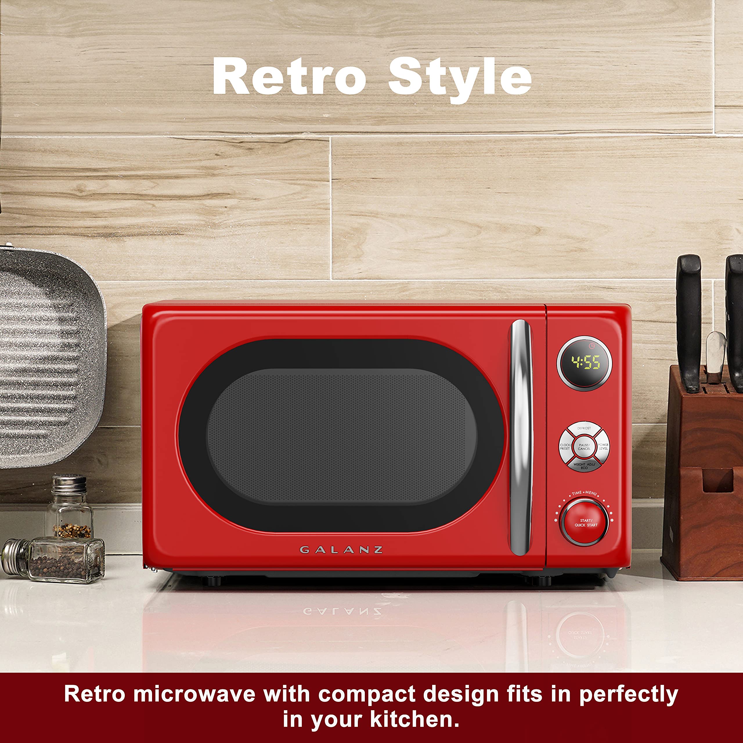 Galanz GLCMKA07RDR-07 0.7 Cu.Ft Compact Microwave Oven with LED Lighting, Pull Handle & Child Lock - Retro Red Design for Small Kitchens, Dorms & Office Break Rooms