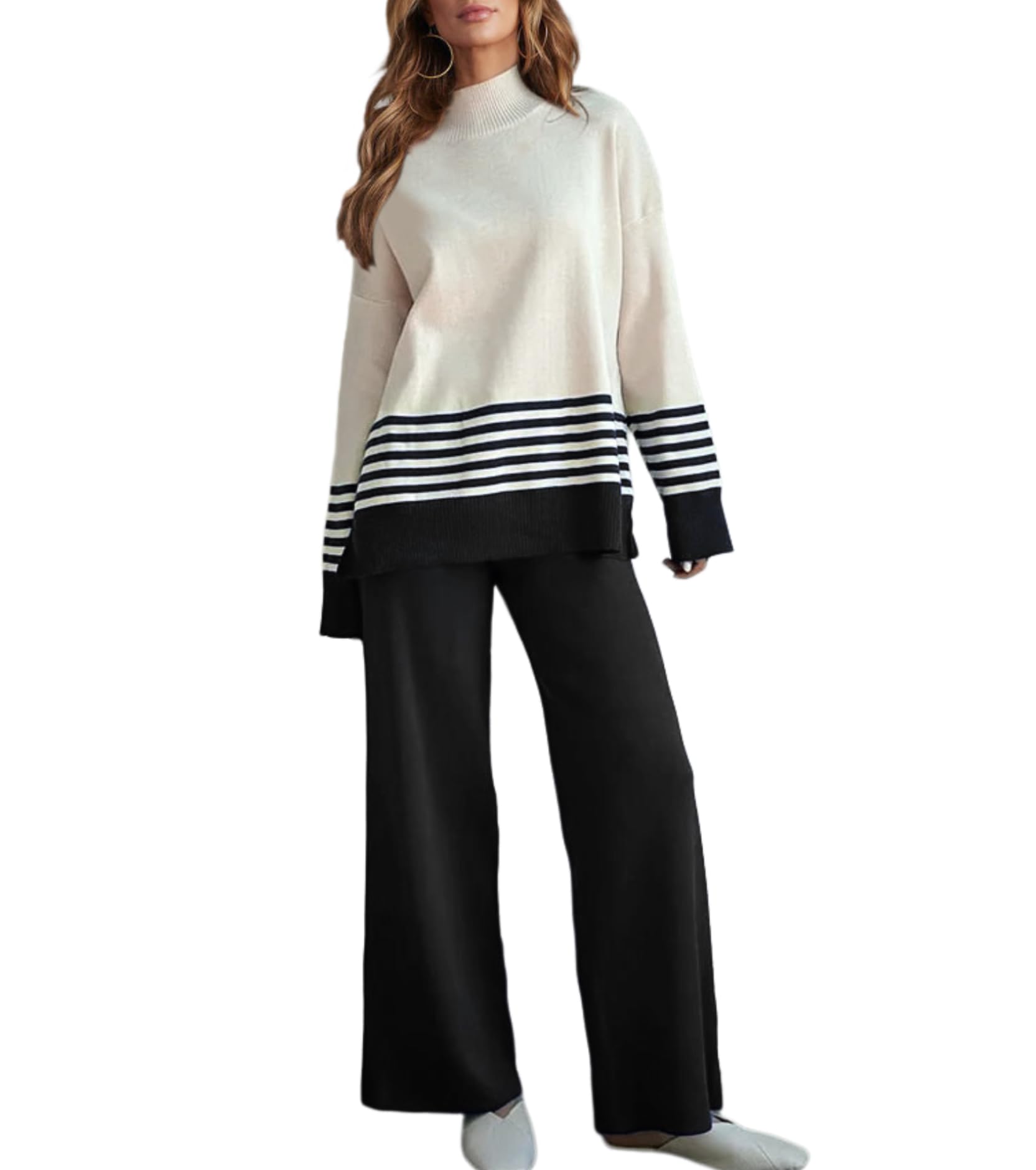 Women's Casual 2-Piece Sweater Set - Long Sleeve Striped Pullover & Wide Leg Pants Lounge Outfit | Soft Comfortable Matching Sets for Home, Office & Weekend Wear