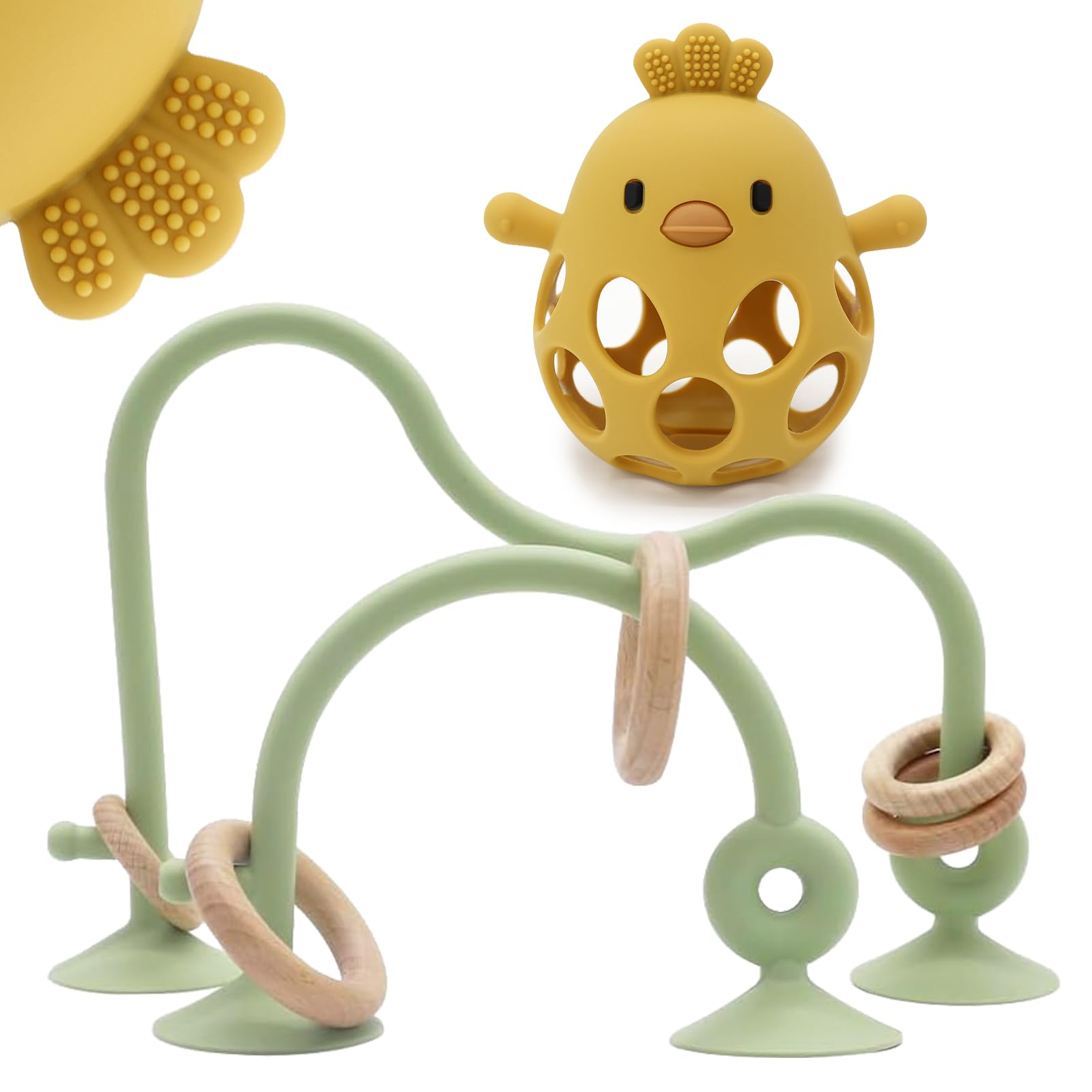 Baby High Chair Toys & Teething Chew - Safe Silicone Teethers for 6-18 Months | Food Grade, BPA-Free Suction Toy for High Chair & Table Play | Green & Yellow | Perfect for Mealtime & On-the-Go Soothing