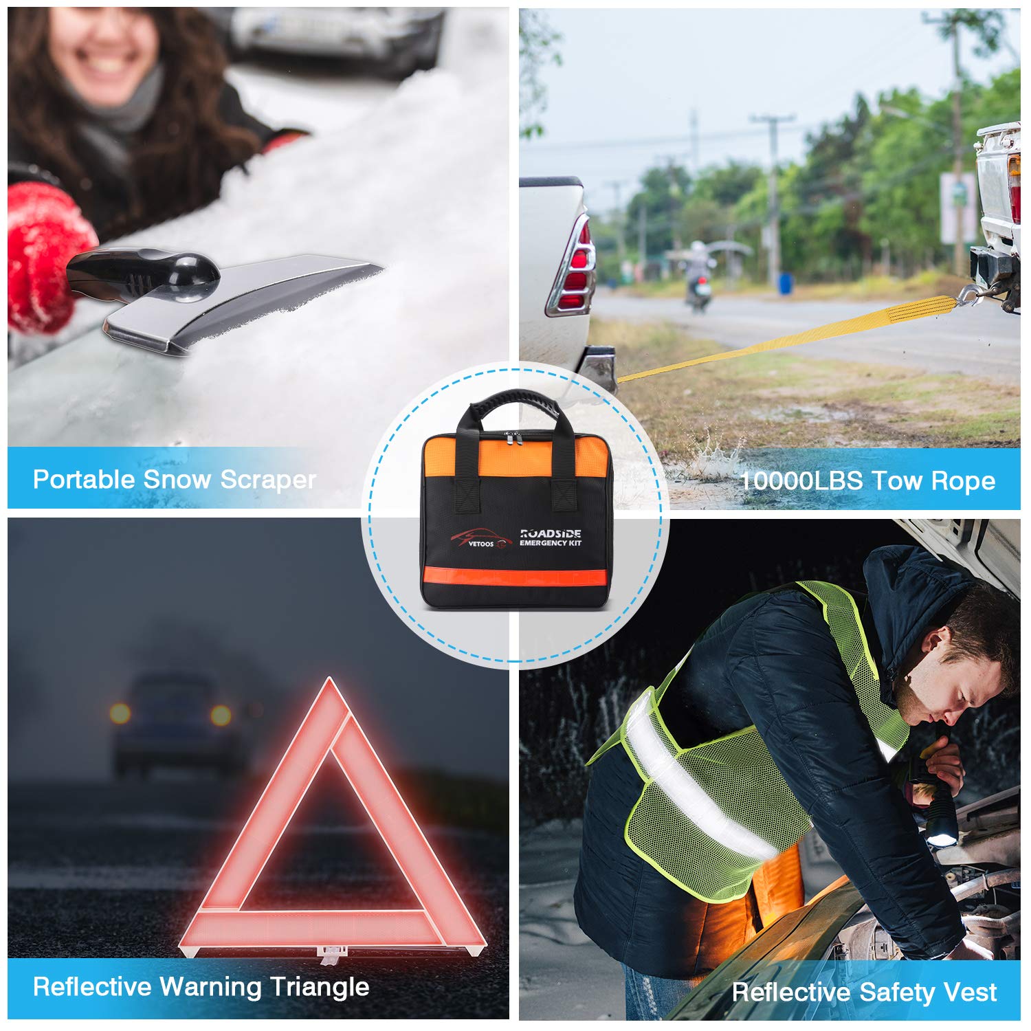 Vetoos 122-Piece Car Emergency Kit with Jumper Cables, Air Compressor & Survival Shovel | Roadside Assistance Safety Kit for Winter & All Seasons | Essential Vehicle Emergency Gear for Men & Women | Perfect for Road Trips, Camping & Winter Driving