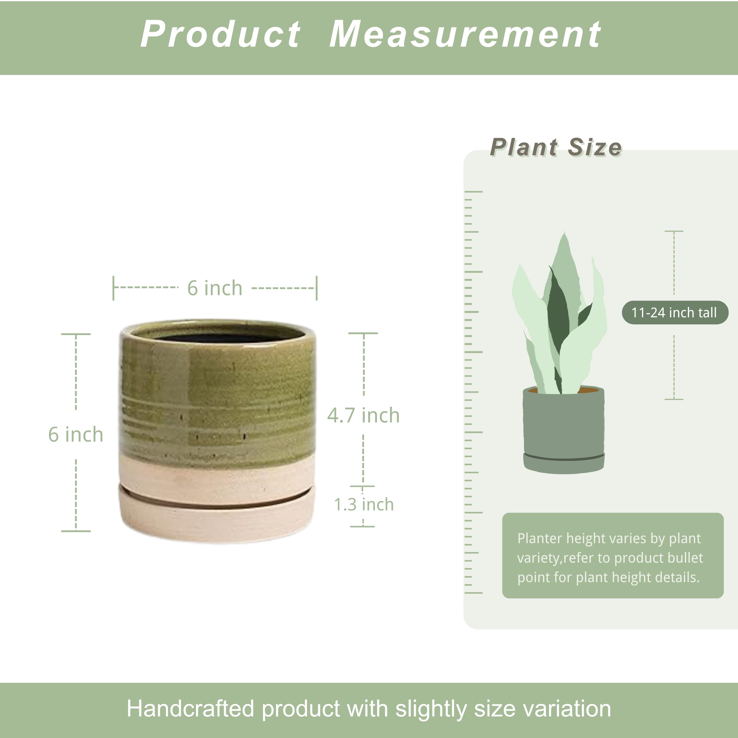 6 Inch Ceramic Plant Pots with Drainage Hole & Saucer - Indoor/Outdoor Cylinder Round Planter for Succulents, Herbs, Flowers (Green & Beige) - Perfect for Home Decor, Office, Garden & Balcony