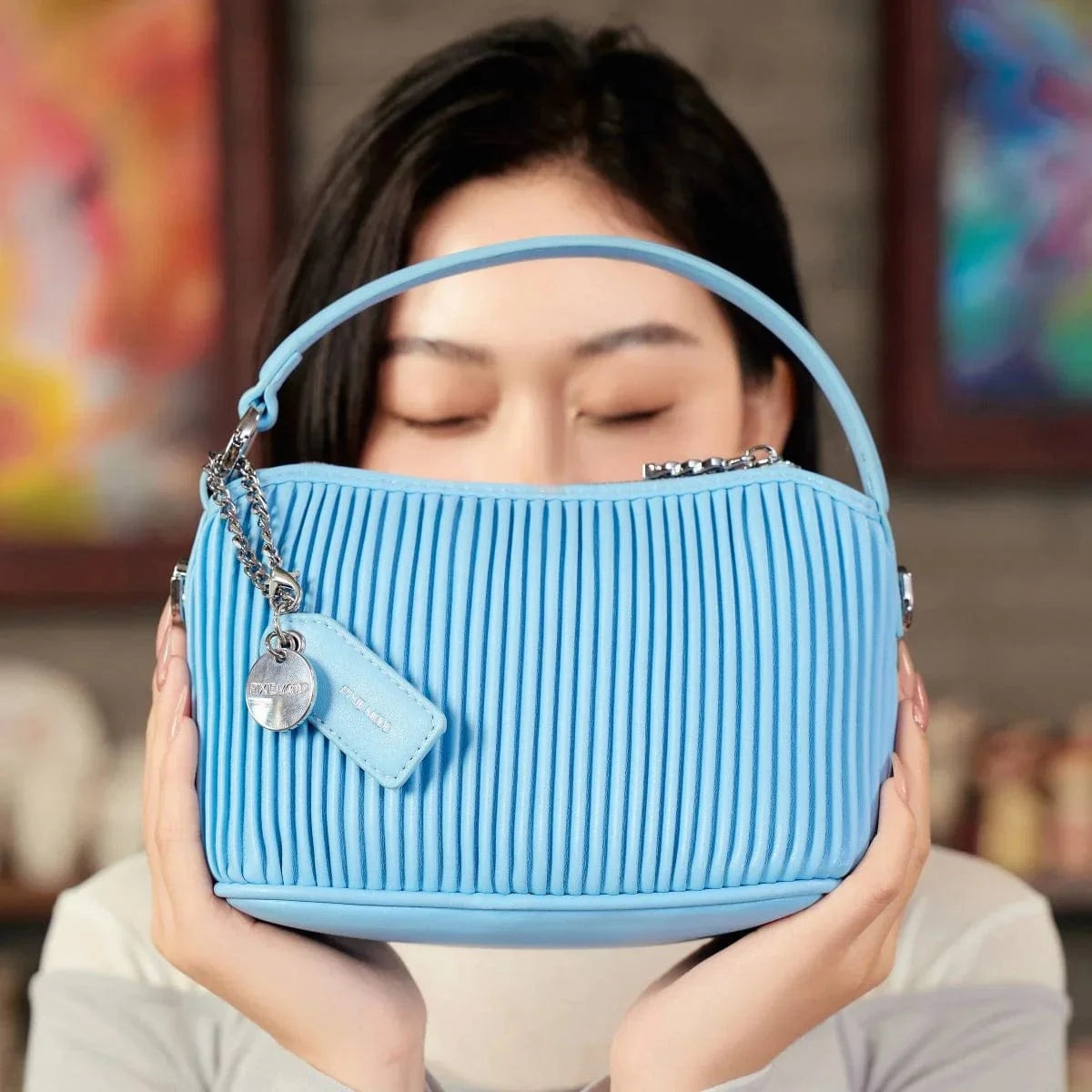 Ella Vegan Leather Crossbody Bag for Women | Light Blue Pleated Handbag | Perfect for Work, Travel & Everyday Use