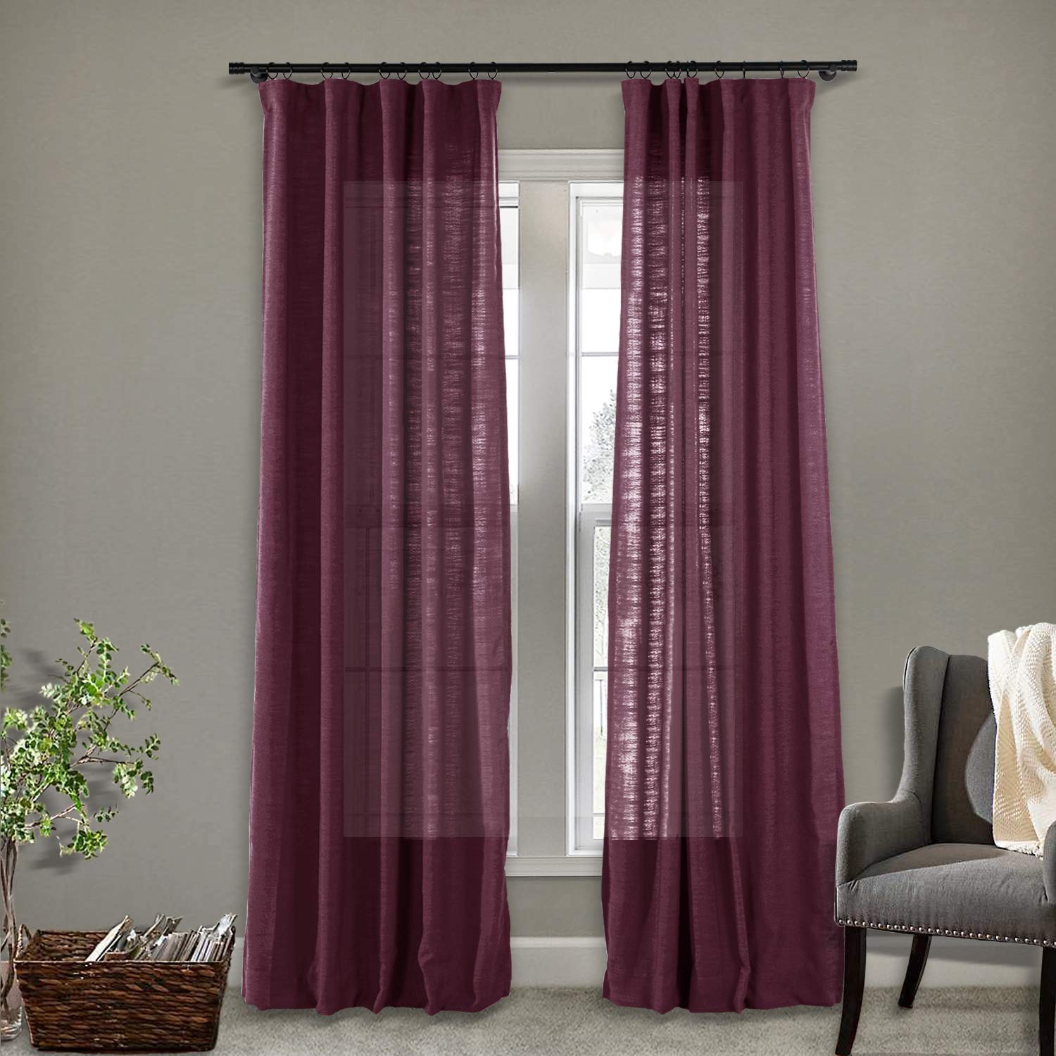 Frement Textured Sheer Linen Curtains - Energy Efficient Sun Blocking 4-in-1 Header Drapes for Sliding Glass Doors & Kitchen Windows - Plum Color, 100