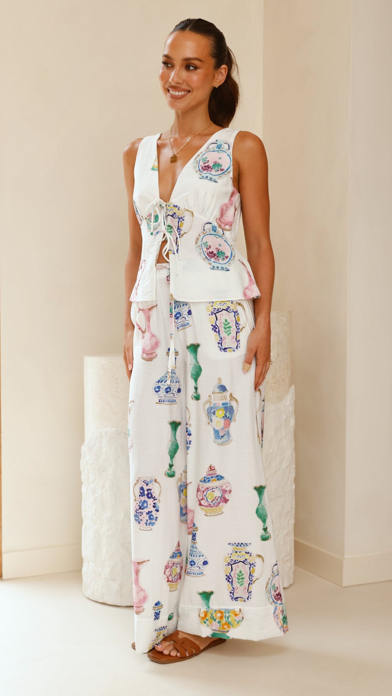 Candella Tie Front Top with Vase Print - Stylish Floral Blouse for Women | Perfect for Casual Outings, Office Wear & Date Nights