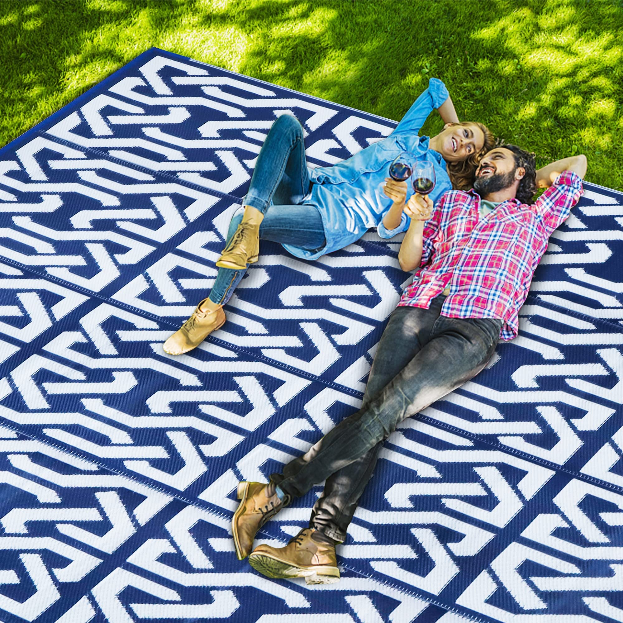 **SAND MINE Reversible Plastic Straw Rug – 9' x 12' Modern Outdoor Area Rug for Patio, Deck, RV, Backyard, Beach & Camping – Durable Dark Blue & White Floor Mat – Perfect for Picnics, Trailers & Relaxing Outdoors**