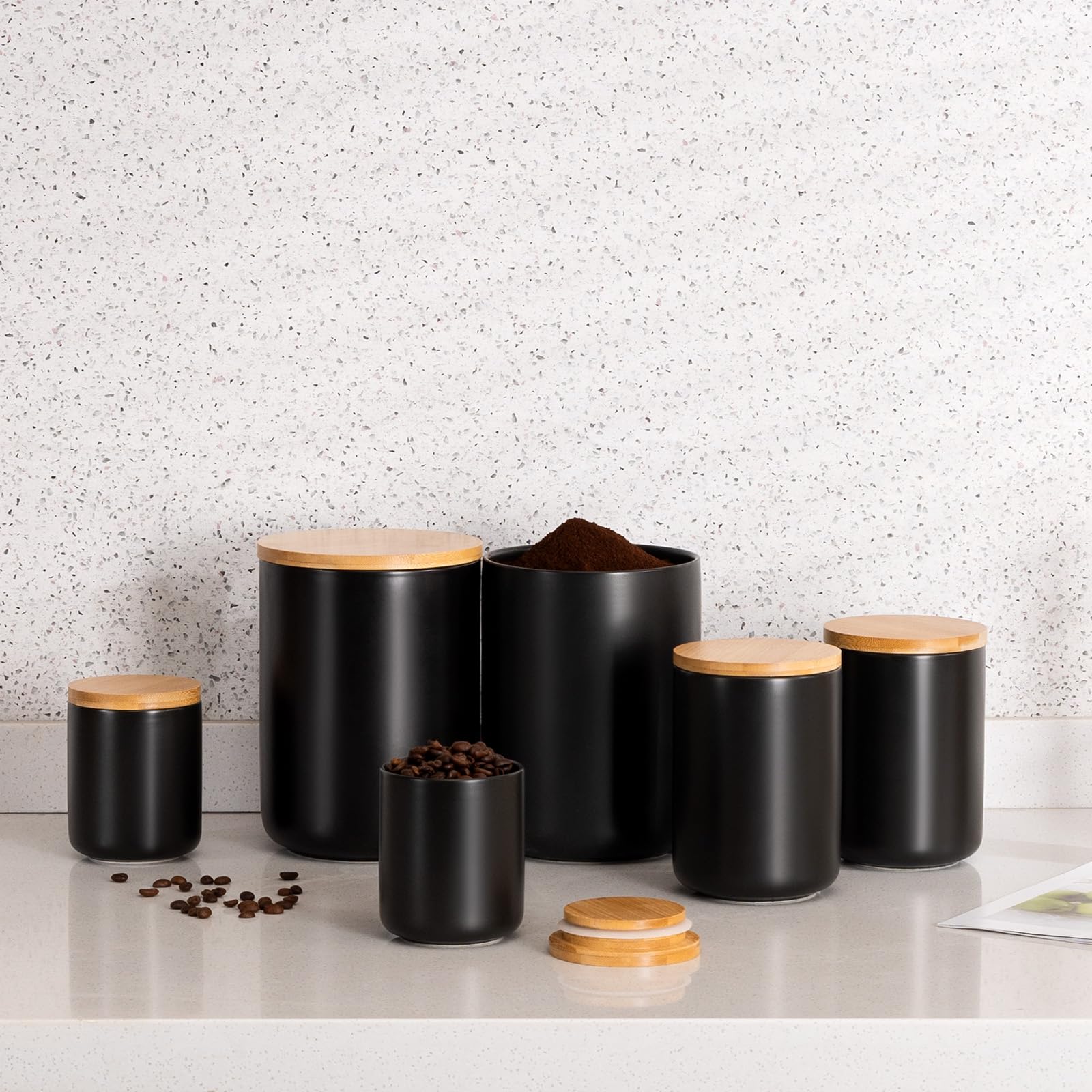 Yangbaga 3-Piece Ceramic Kitchen Canisters Set with Airtight Wood Lids - Ideal for Flour, Sugar, Coffee Storage - Perfect for Countertop Organization and Pantry Essentials
